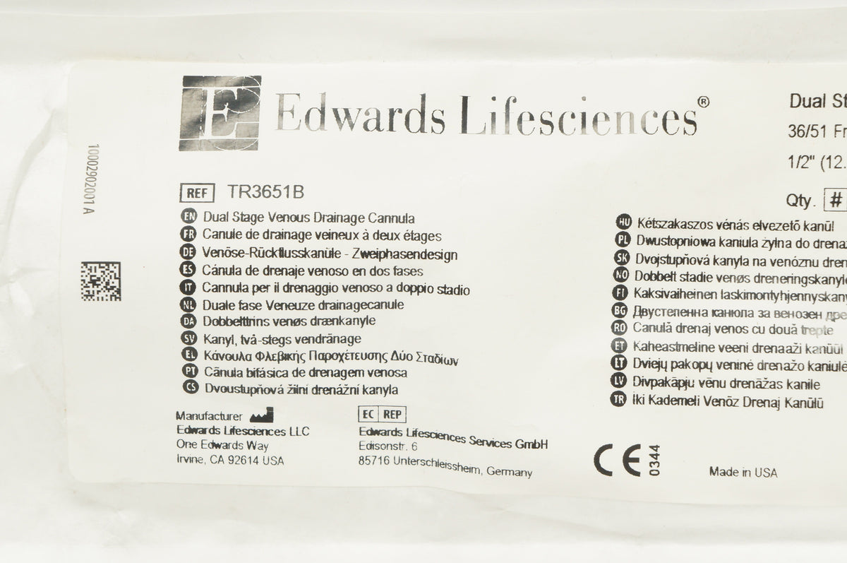 Edwards Lifescinces TR3651B Dual Stage Venous Drainage Cannula 36/51Fr