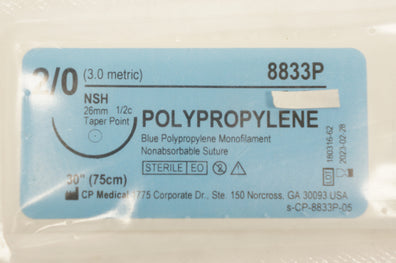 CP 8833P 2-0 POLYPROPYLENE, NSH, 26mm 1/2c Taper Point, 30inch