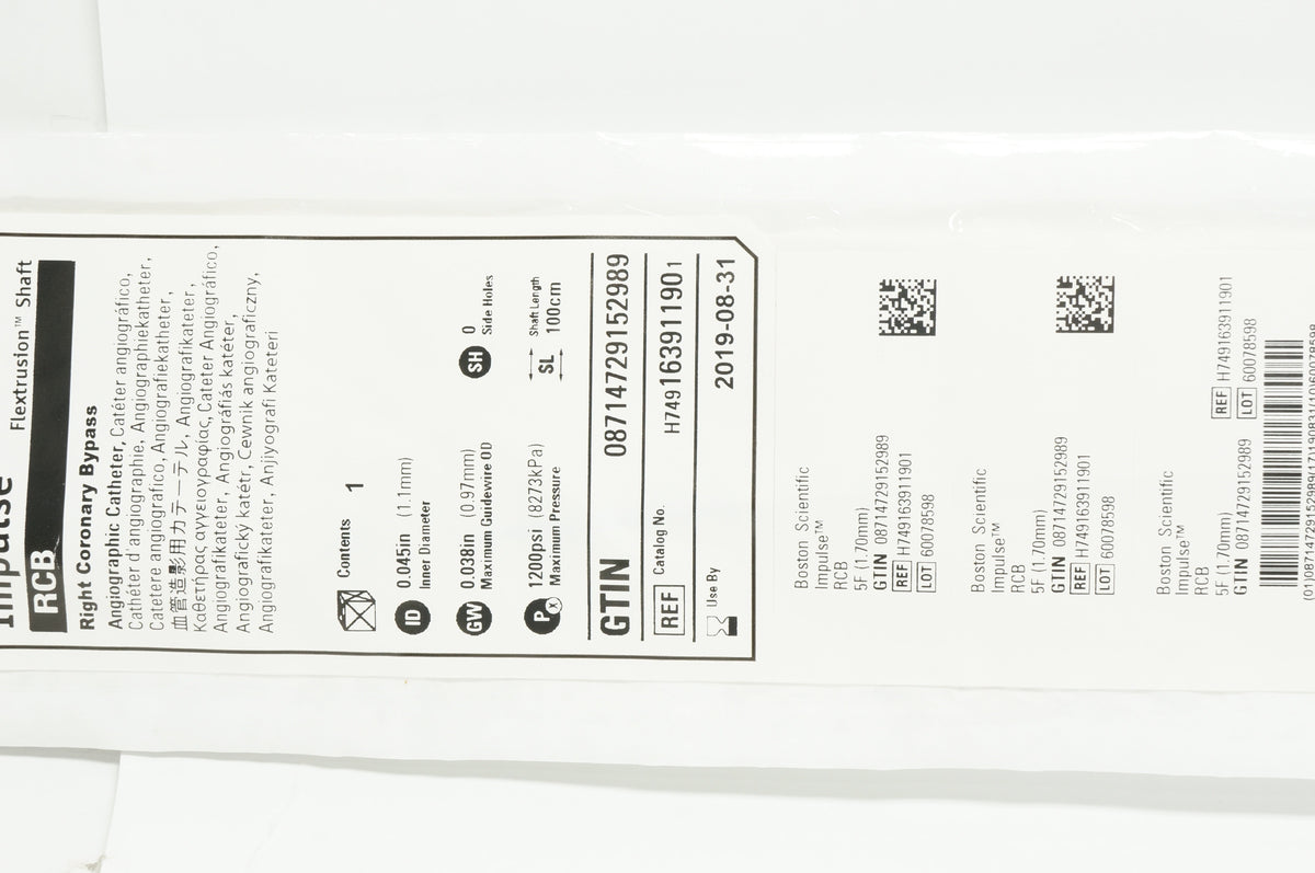 Boston Scientific H749163911901 RCB Angiographic Cath. 5F x