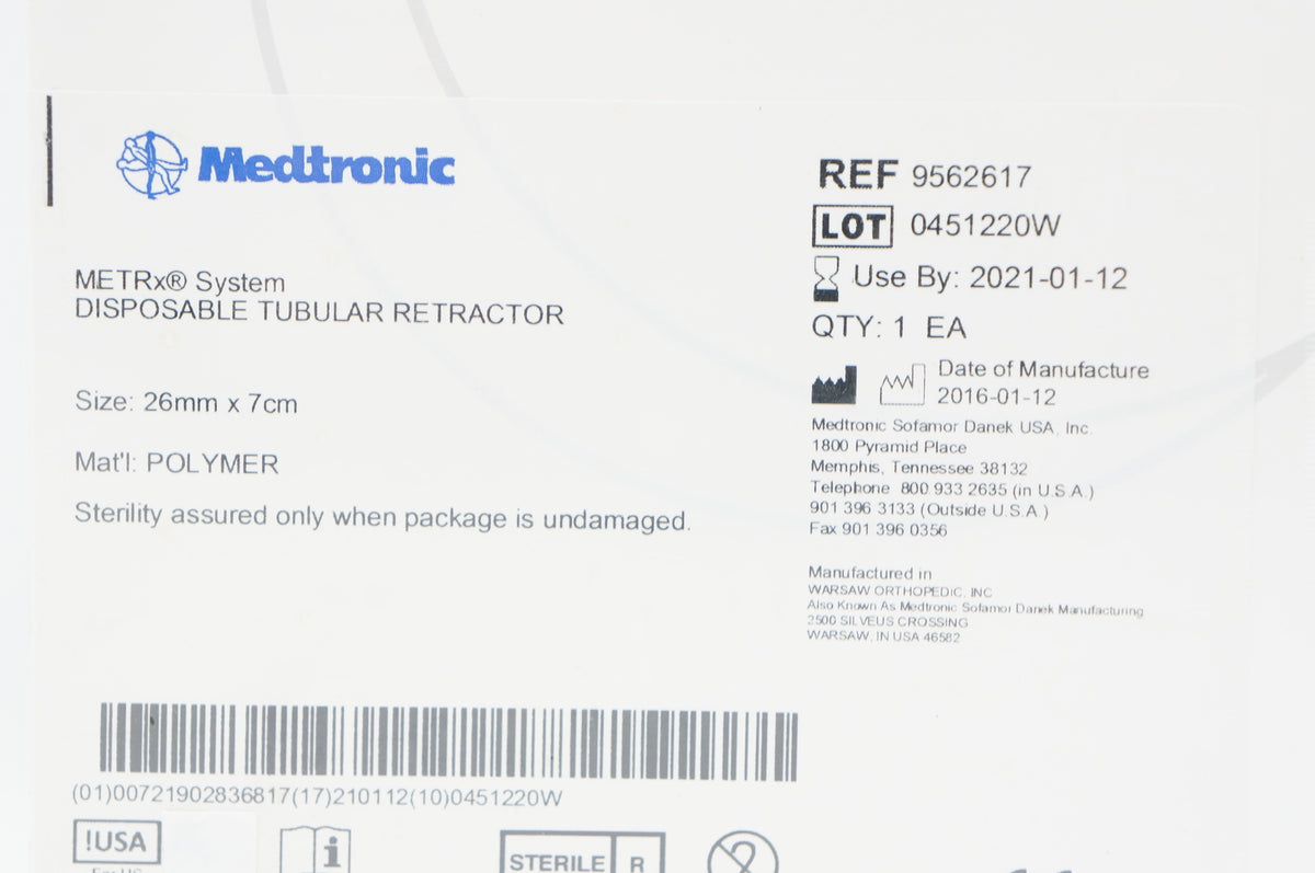 Medtronic 9562617 METRx Disposable Tubular Retractor, Polymer 26mm x 7