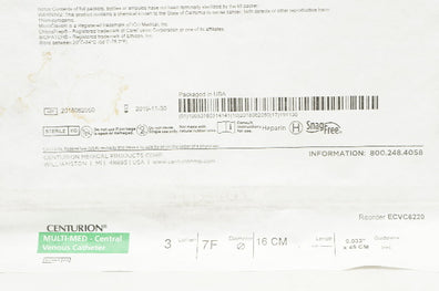 Centrum ECVC6220 Multi-Med Central Venous Catheter 3 Lumen 7F 16cm (x)