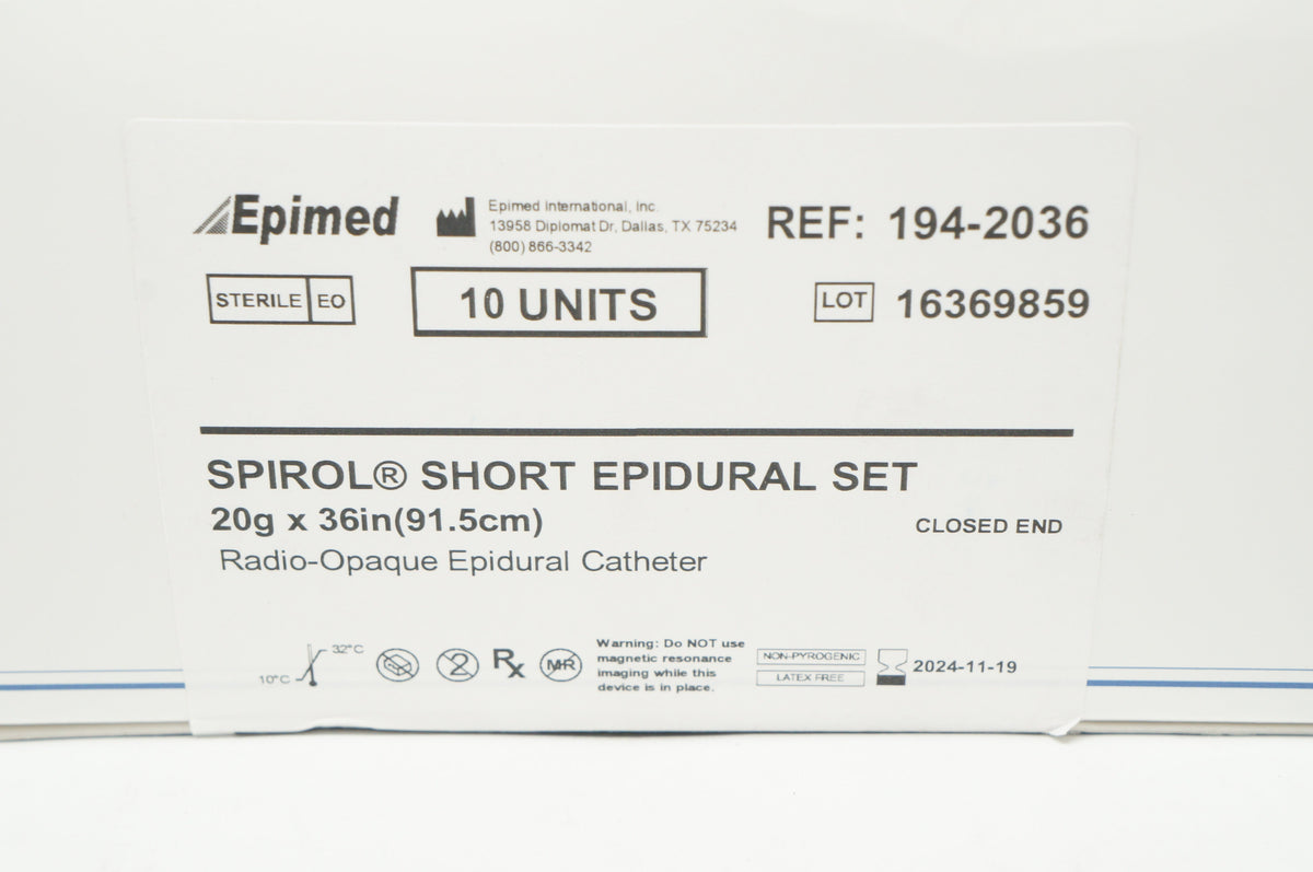 Epimed 1942036 Spirol Short Epidural Set 20G x 36inch Box of 10