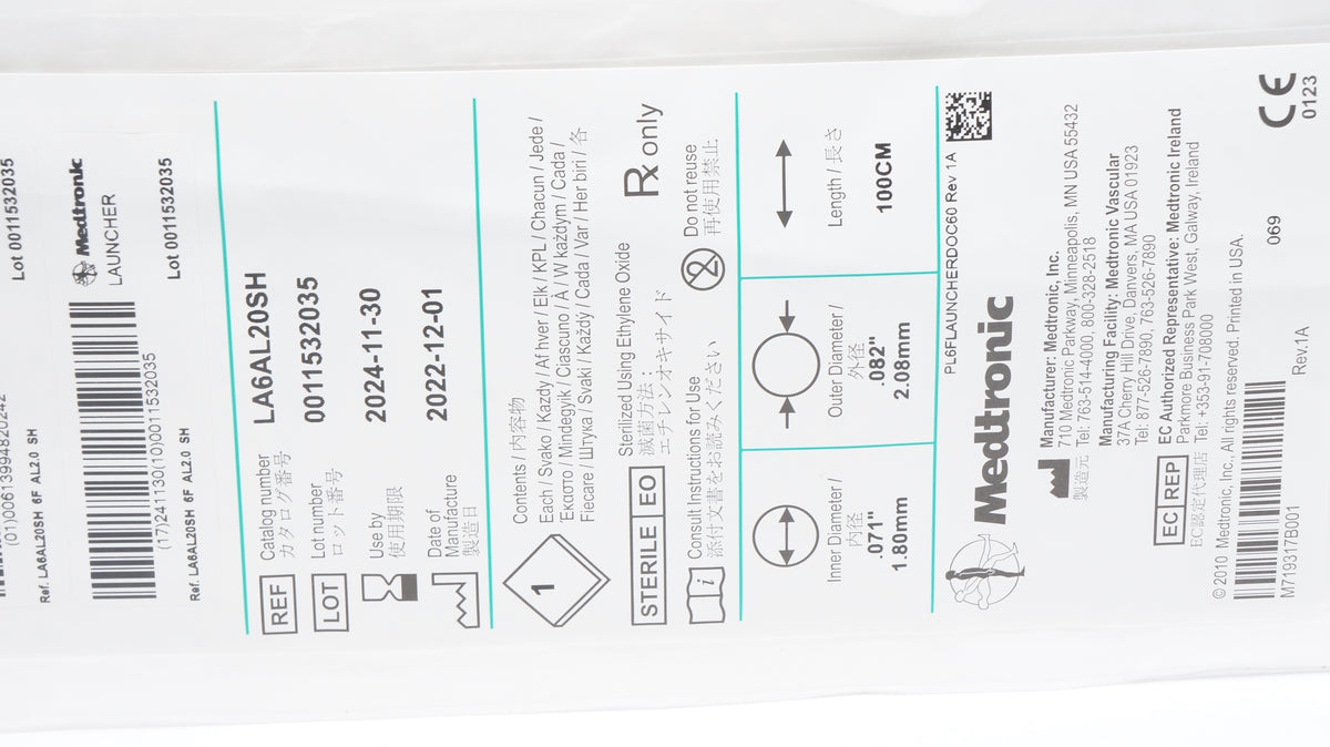 Medtronic LA6AL20SH Launcher Guiding Cath. AL2.0SH 6F x .071inch x 100