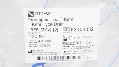 Redax 24418 Drenaggio Tipo T-Kehr Type Drain 18CH/Fr x 450mm, ID-OD 4.00-6.00mm