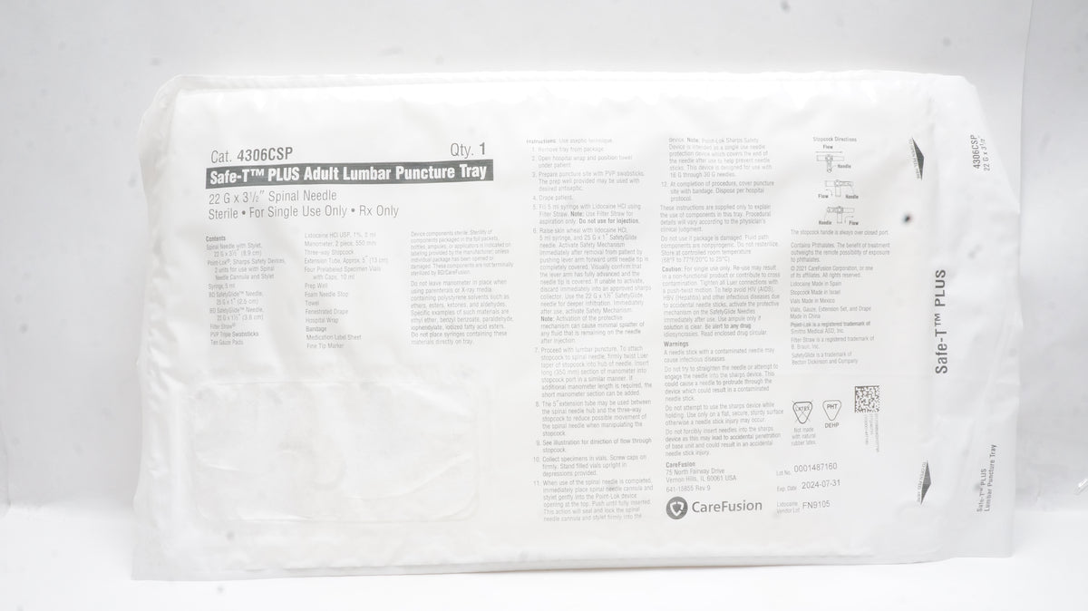 CareFusion 4306CSP Safe-T Plus Adult Lumbar Puncture Tray Ndle