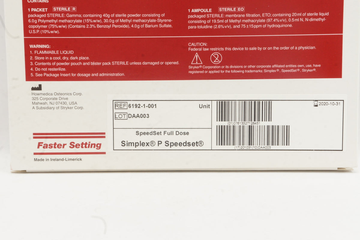 Stryker 6192-1-001 Simplex P SpeedSet Radiopaque Bone Cement (x ...