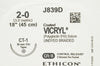 Ethicon J839D 2-0 Coated VICRYL Stre CT-1 36mm 1/2c Taper, 18 inch