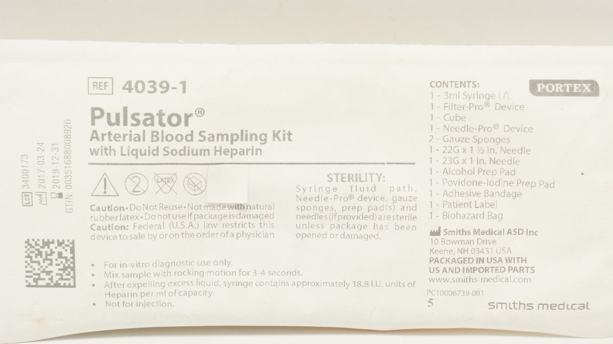 Smiths Medical 4039-1 Portex Pulsator Arterial Blood Sampling Kit (x ...
