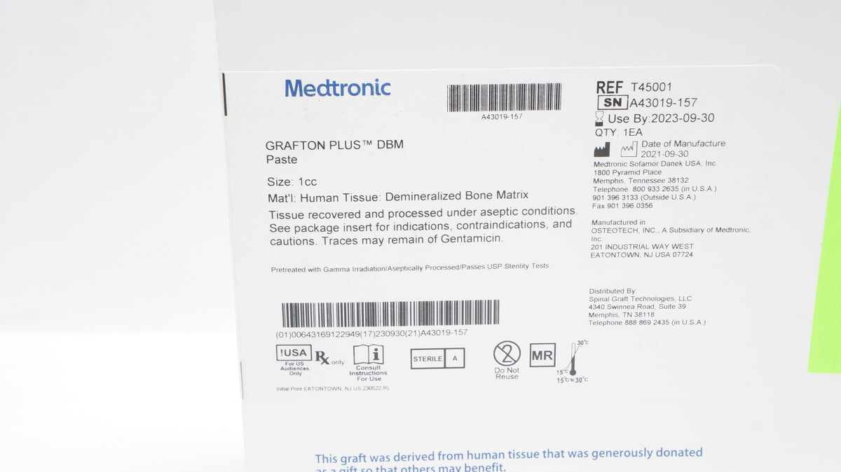 Medtronic T45001 Grafton Demineralized Bone Matrix Plus DBM Paste 1cc ...