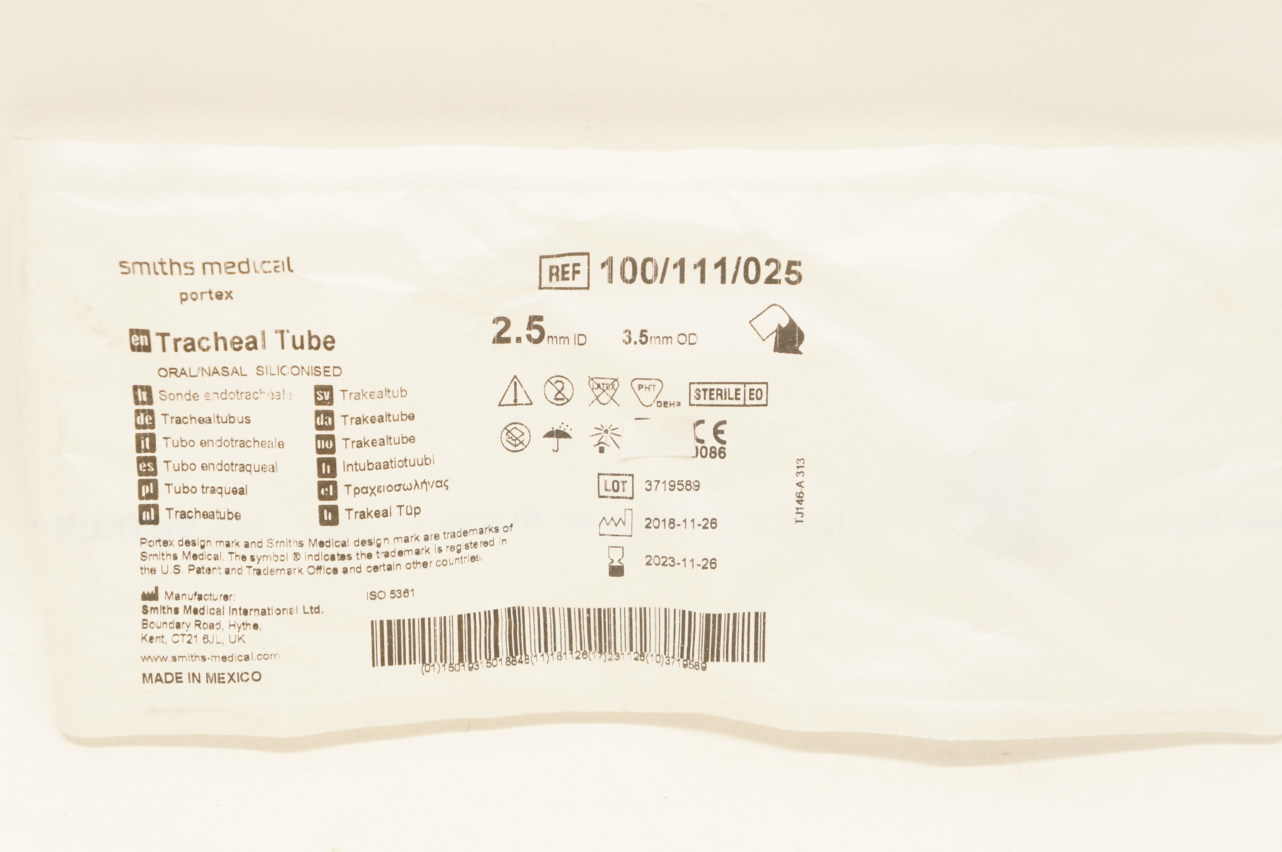 Smiths Medical 100/111/025 Portex Tracheal Tube 2.5mm x 3.5mm