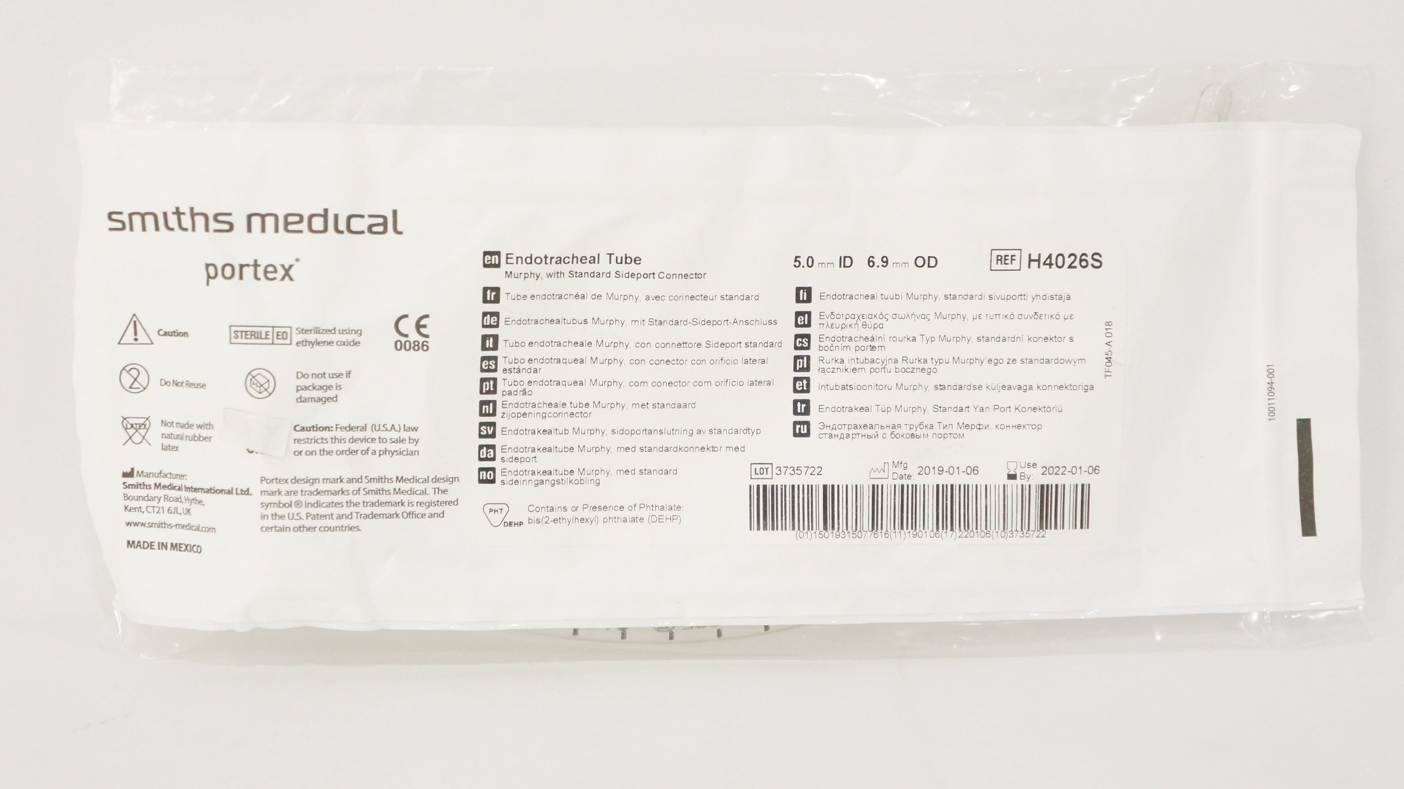 Smiths Medical H4026S Portex Endotracheal Tube 5.0mm x 6.9 mm
