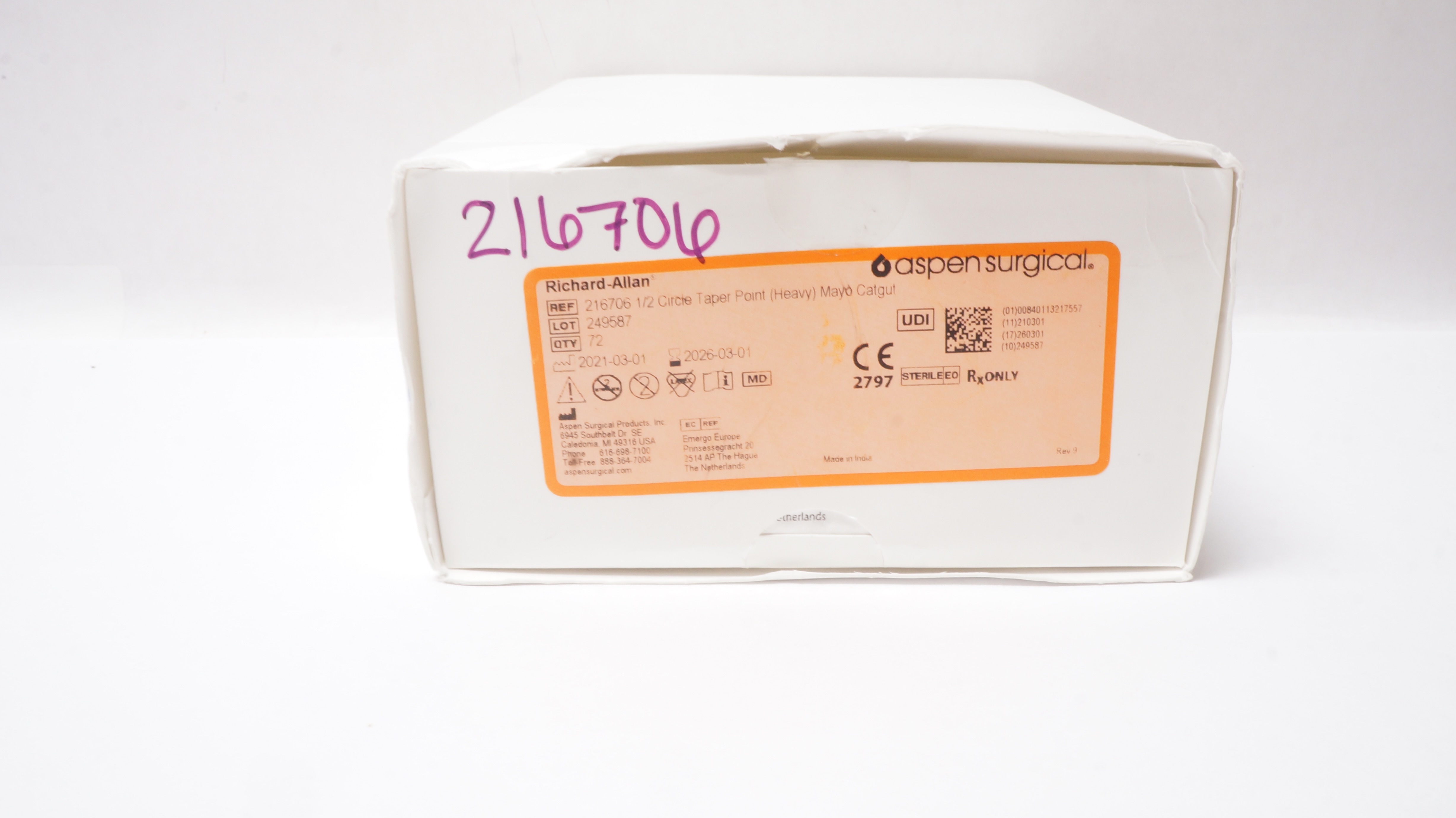 Aspen Surgical 216706 Richard-Allan 1/2c Taper Point, Mayo Catgut - Box of 65