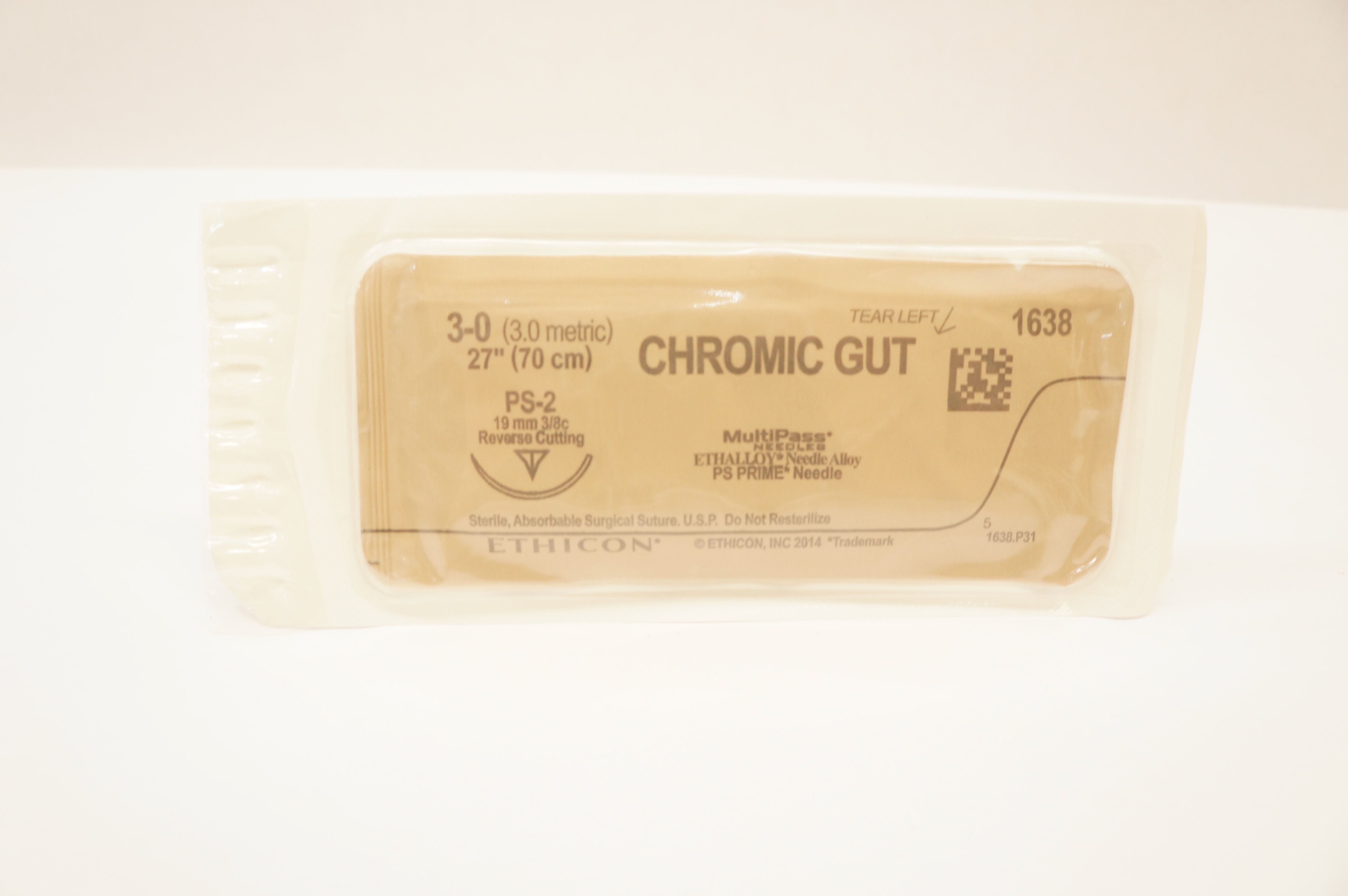 Ethicon 1638 3-0 Chromic Gut PS-2 19mm 3/8c Reverse Cutting, 27inch (x)