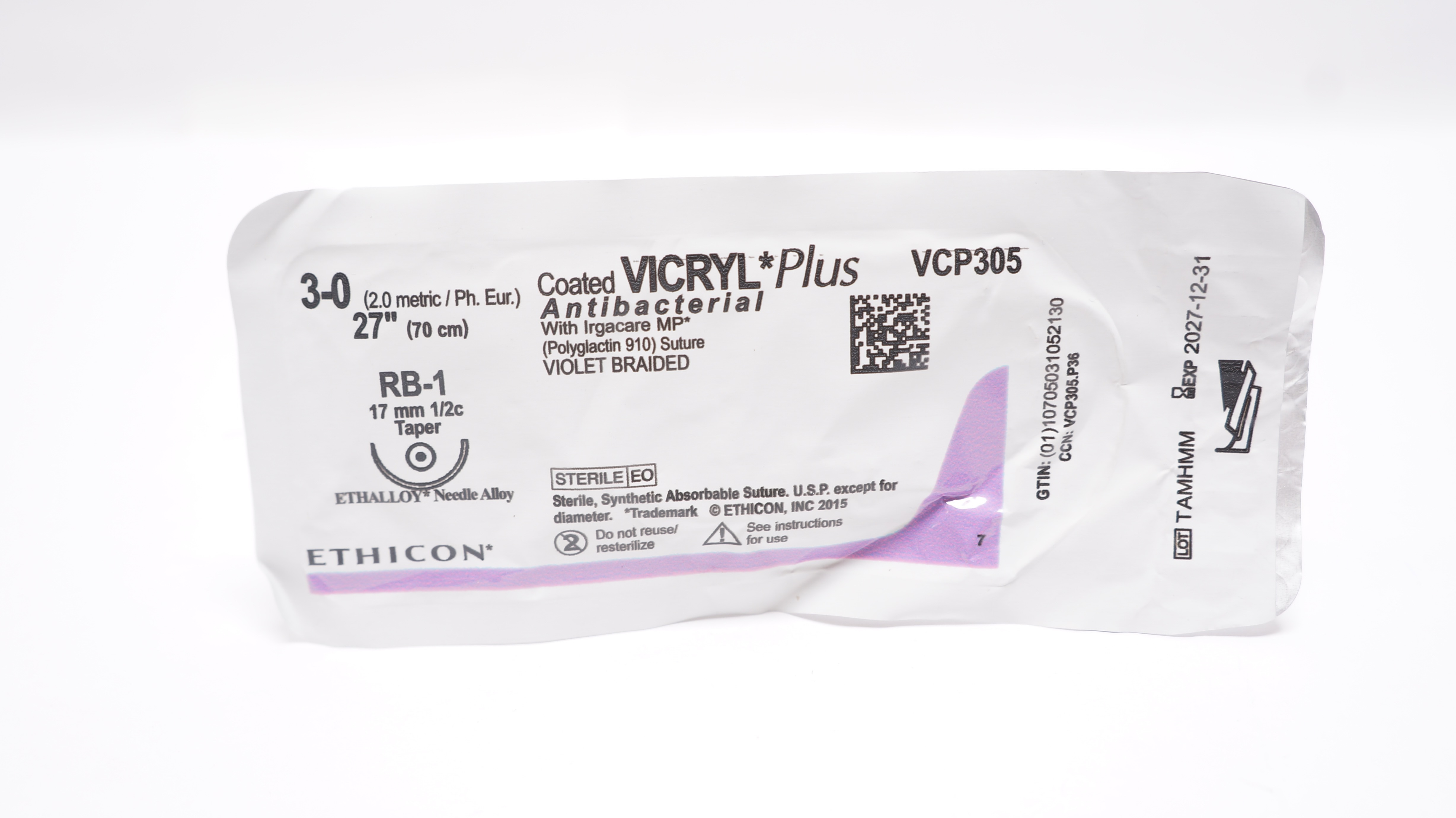 Ethicon VCP305 3-0 Coated VICRYL Plus Stre RB-1 17mm 1/2c Taper 27In