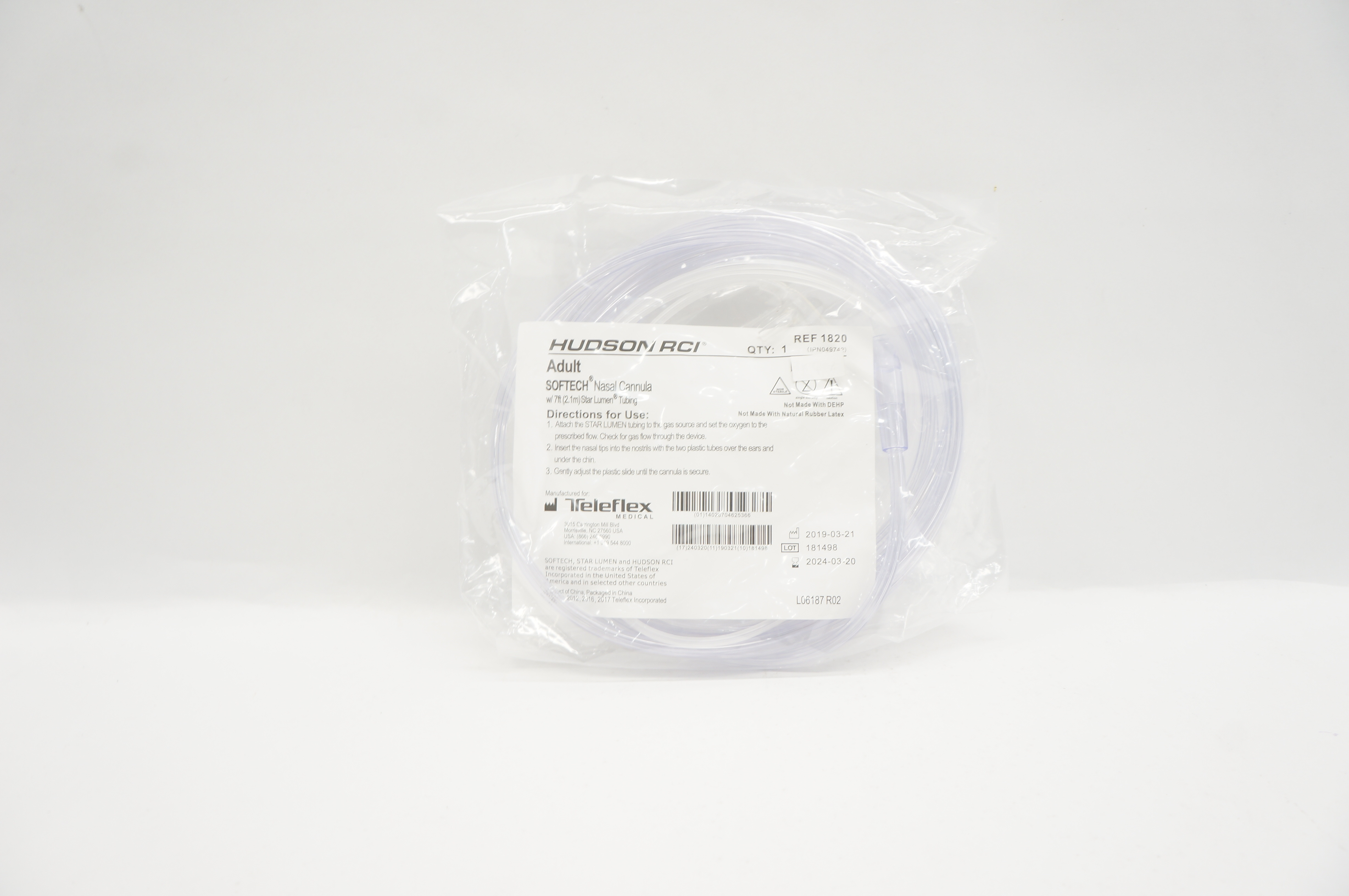 Teleflex 1820 Hudson RCI Softech Adult Nasal Cannula w/7ft Star Lumen Tubing