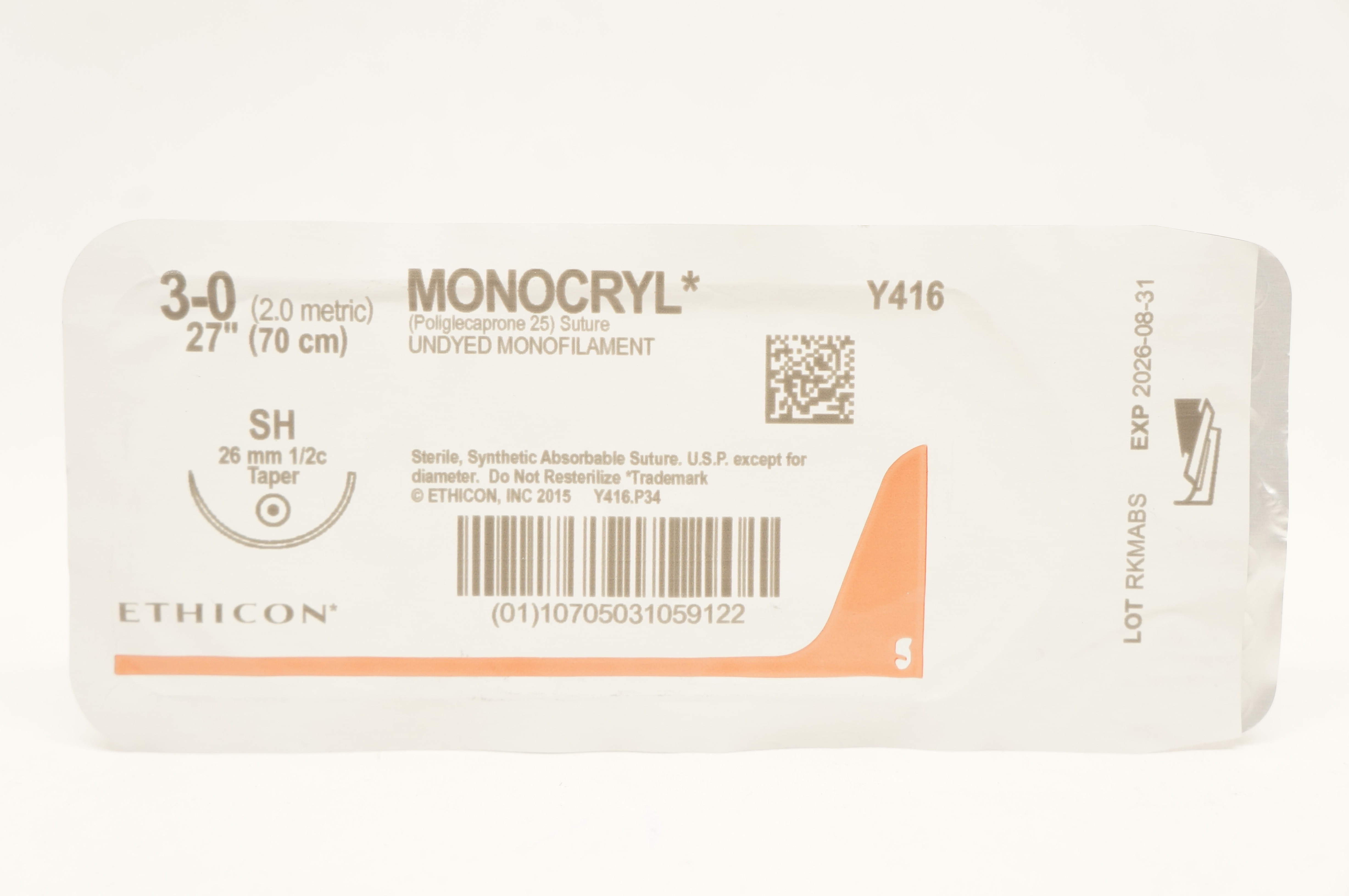 Ethicon Y416 3-0 Monocryl Poliglecaprone 25 Stre SH 26mm 1/2c Taper, 27 inch