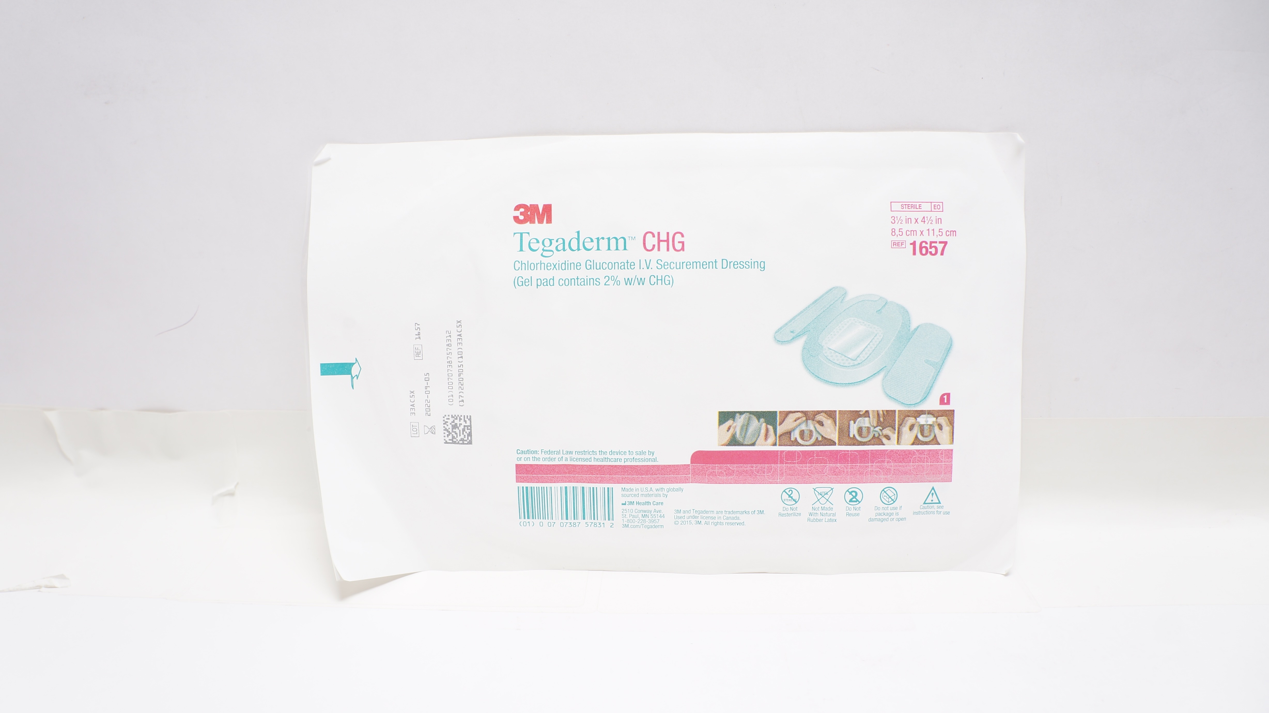 3M 1657 CHG Chlorhexidine Gluconate I.V. Securement Dressing 3-1/2x4-1/2inch(x)