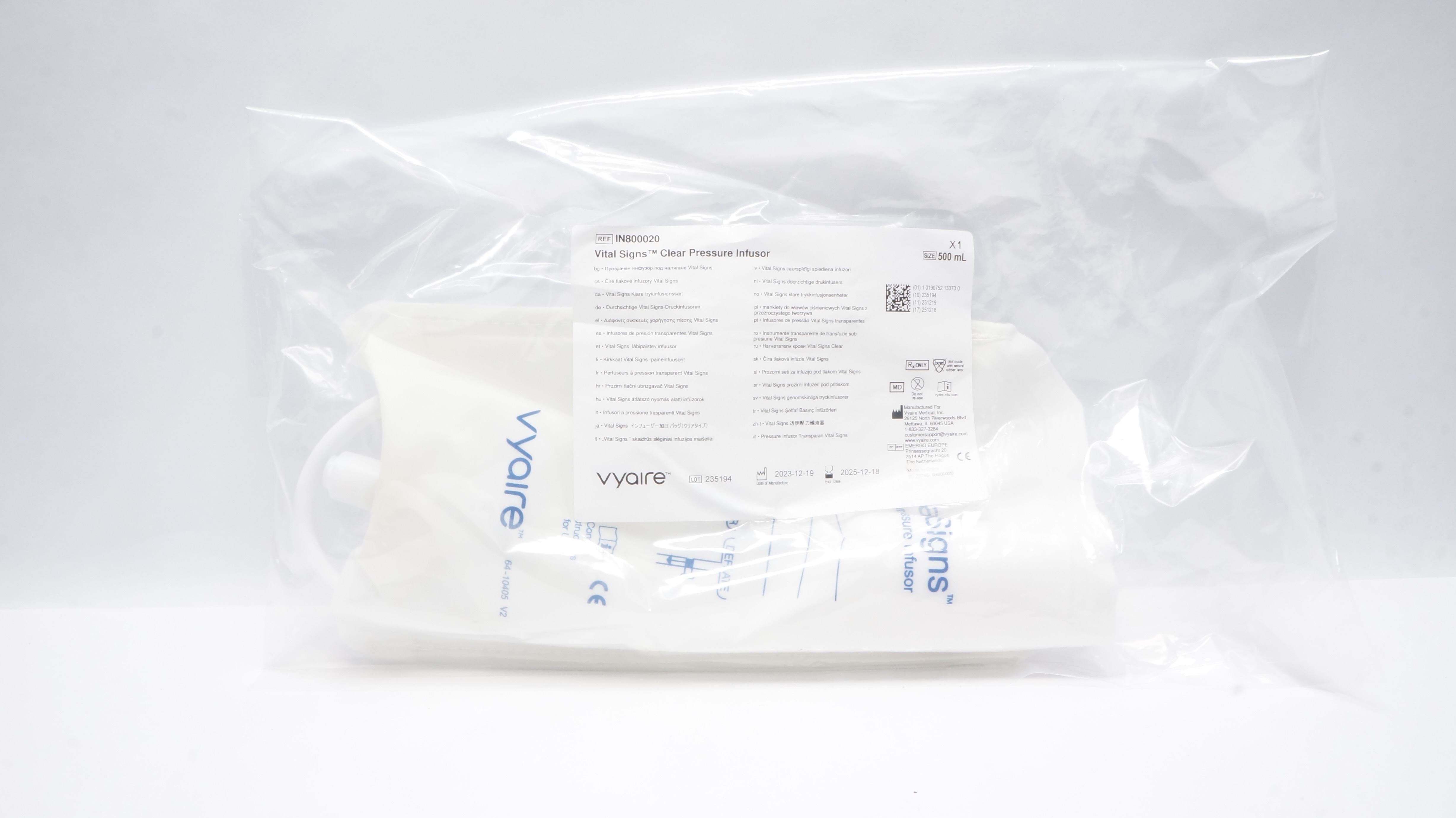 Vyaire IN800020 Vital Signs Clear Pressure Infusors, 500 mL