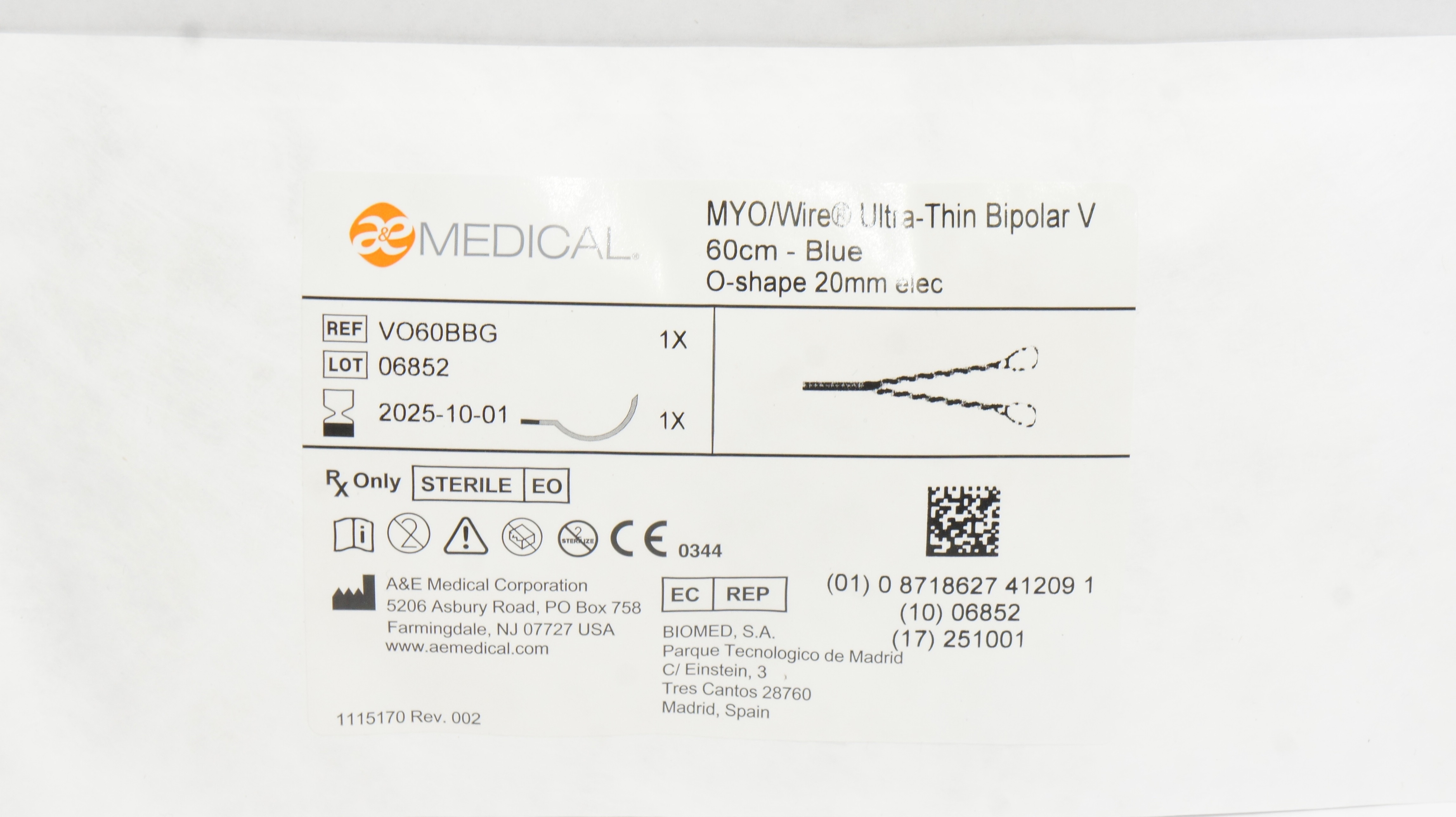 A&E Medical VO60BBG MYO/Wire Ultra-Thin Bipolar V 60cm -Blue O-Shape 20mm elec