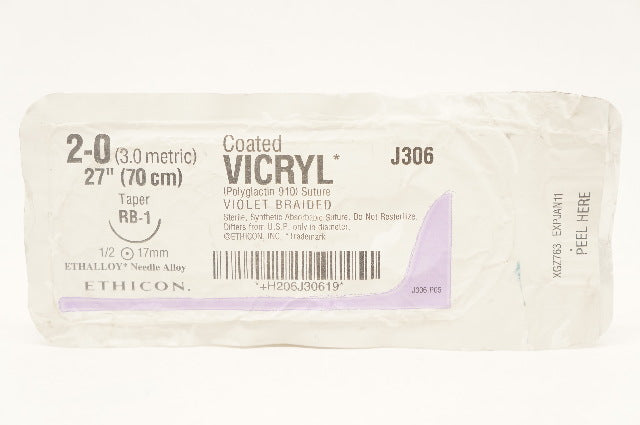 Ethicon J306 2-0 VICRYL RB-1 17mm 1/2c Taper 27inch (x)