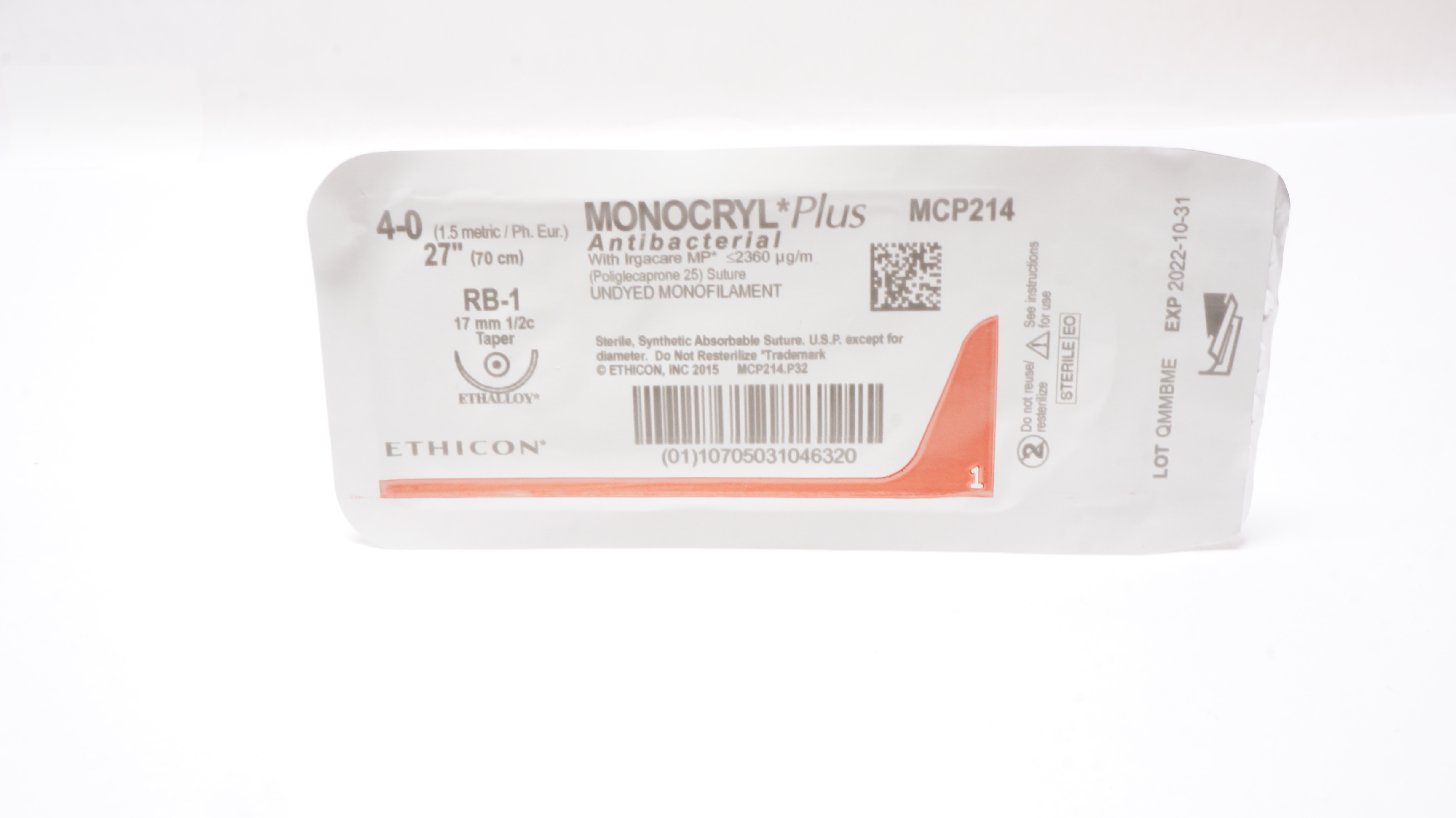 Ethicon MCP214 4-0 Monocryl Plus W/Irgacare MP Stre RB-1 17mm1/2c Taper 27in.(x)