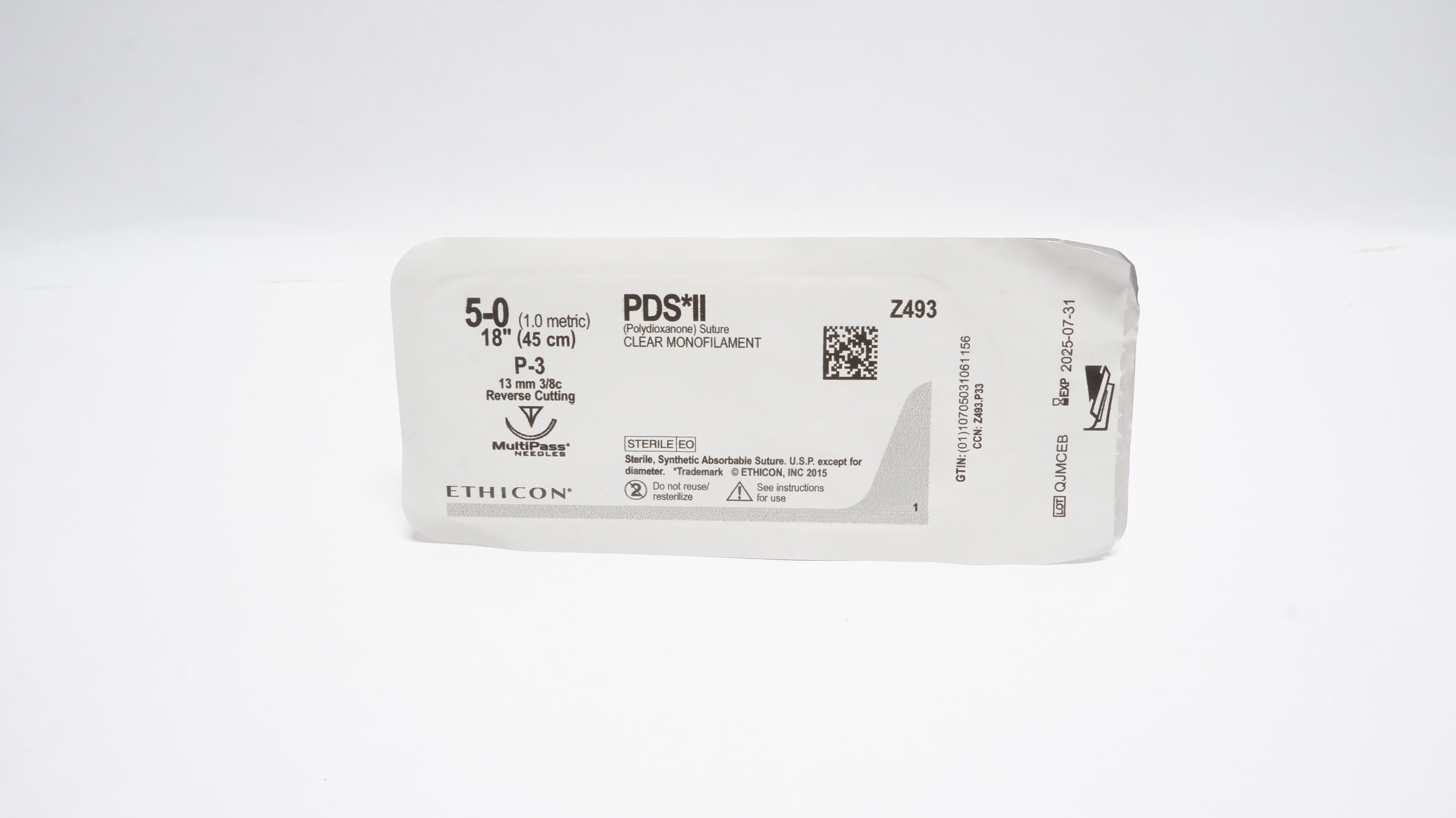 Ethicon Z493 5-0 PDS II Polydioxanone Stre P-3 13mm 3/8c Reverse Cutting 18in(x)