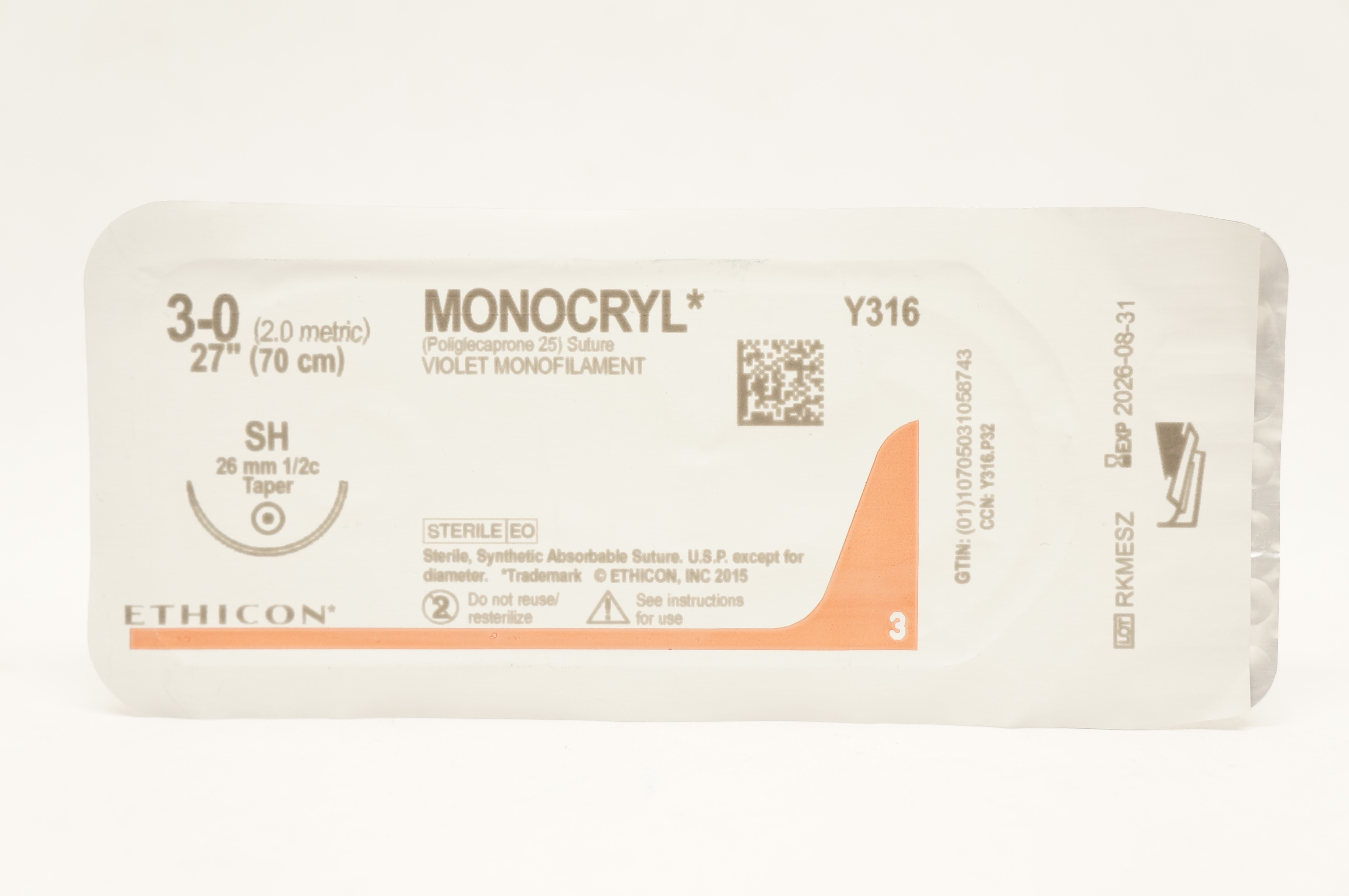 Ethicon Y316 3-0 Monocryl Stre Violet Monofilament, SH 26mm 1/2c Taper, 27 inch