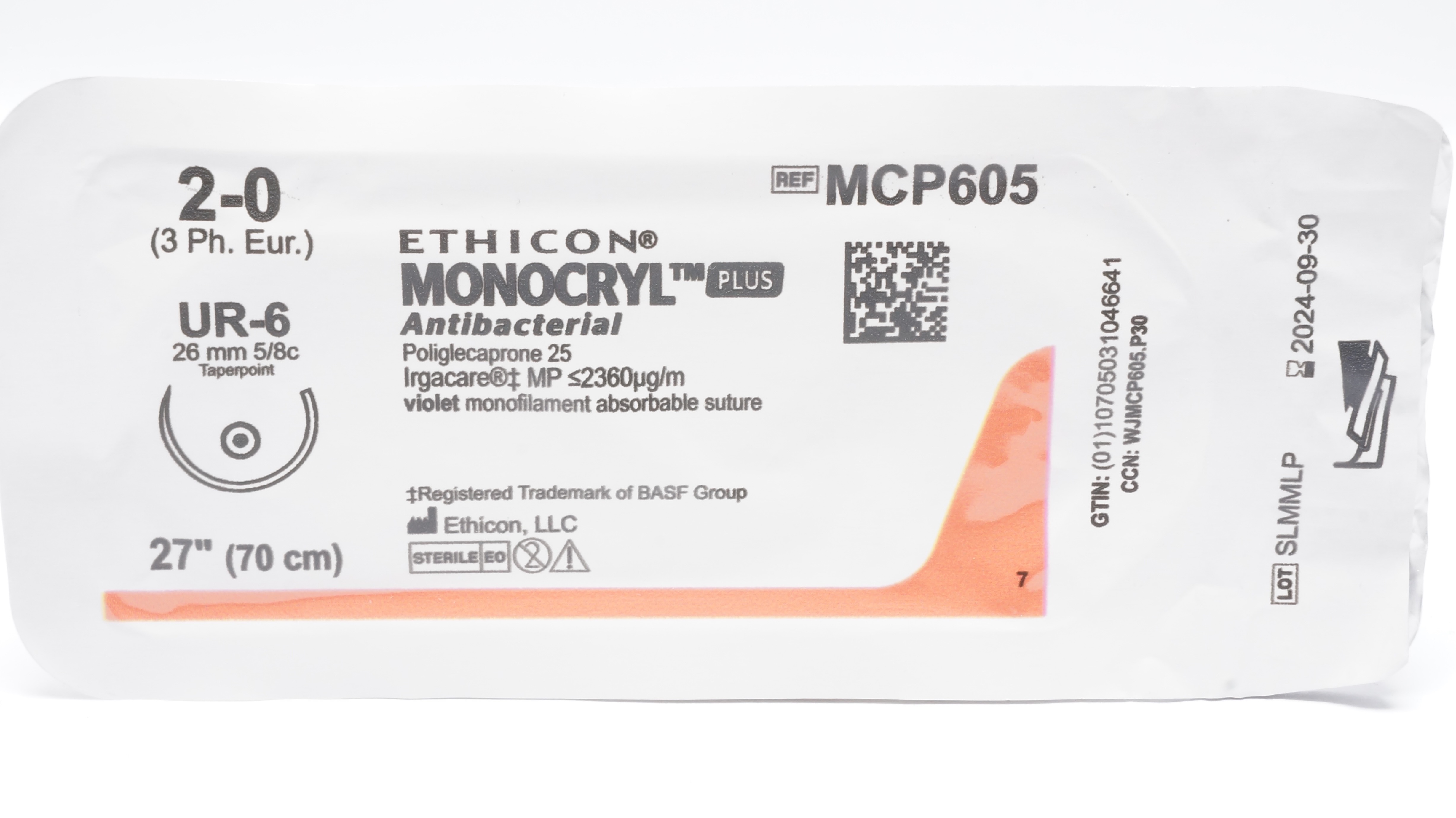 Ethicon MCP605 2-0 MONOCRYL Plus Stre UR-6 26mm 5/8c Taperpoint 27inch (x)