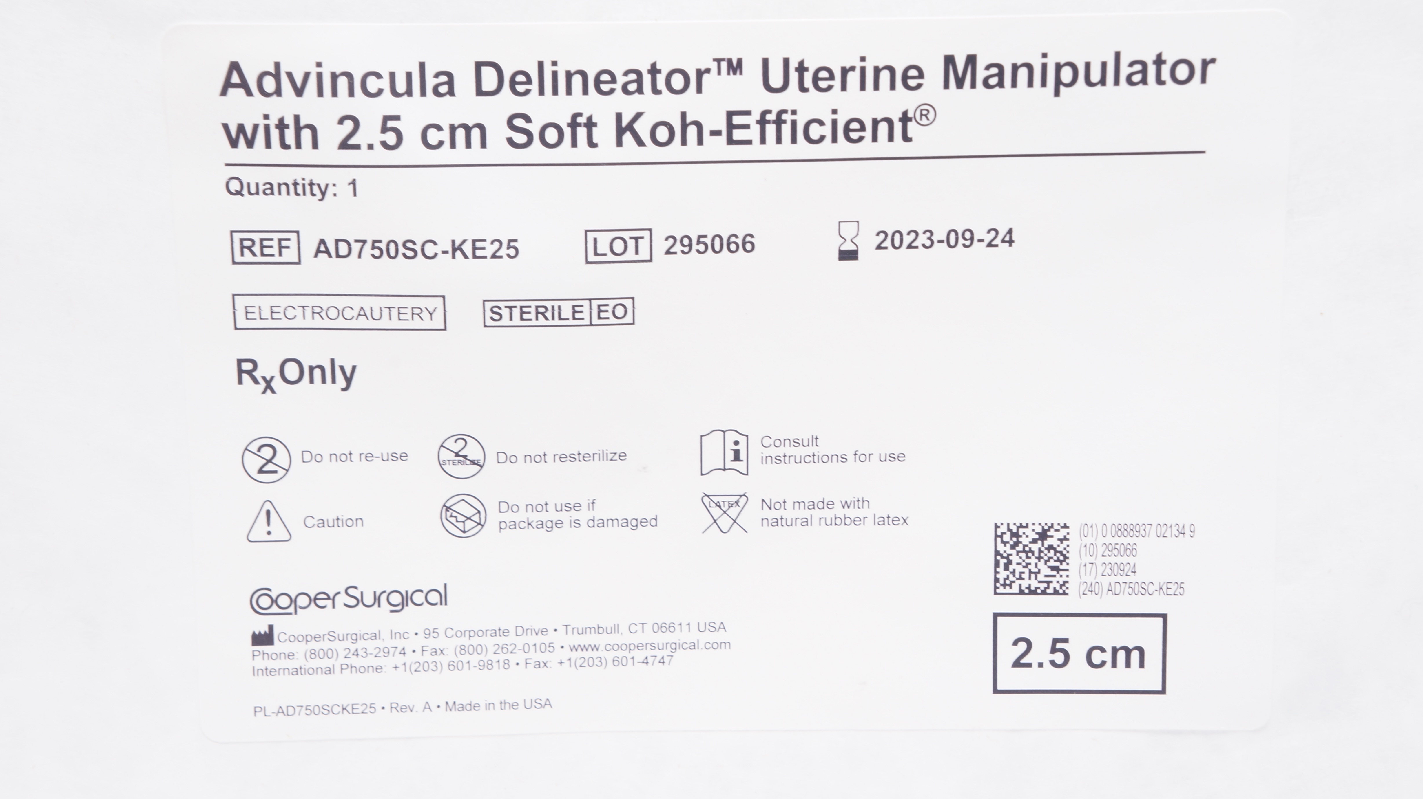 Cooper Surgical AD750SC-KE25 Advincula Delineator Uterine Manipulator 2.5cm (x)