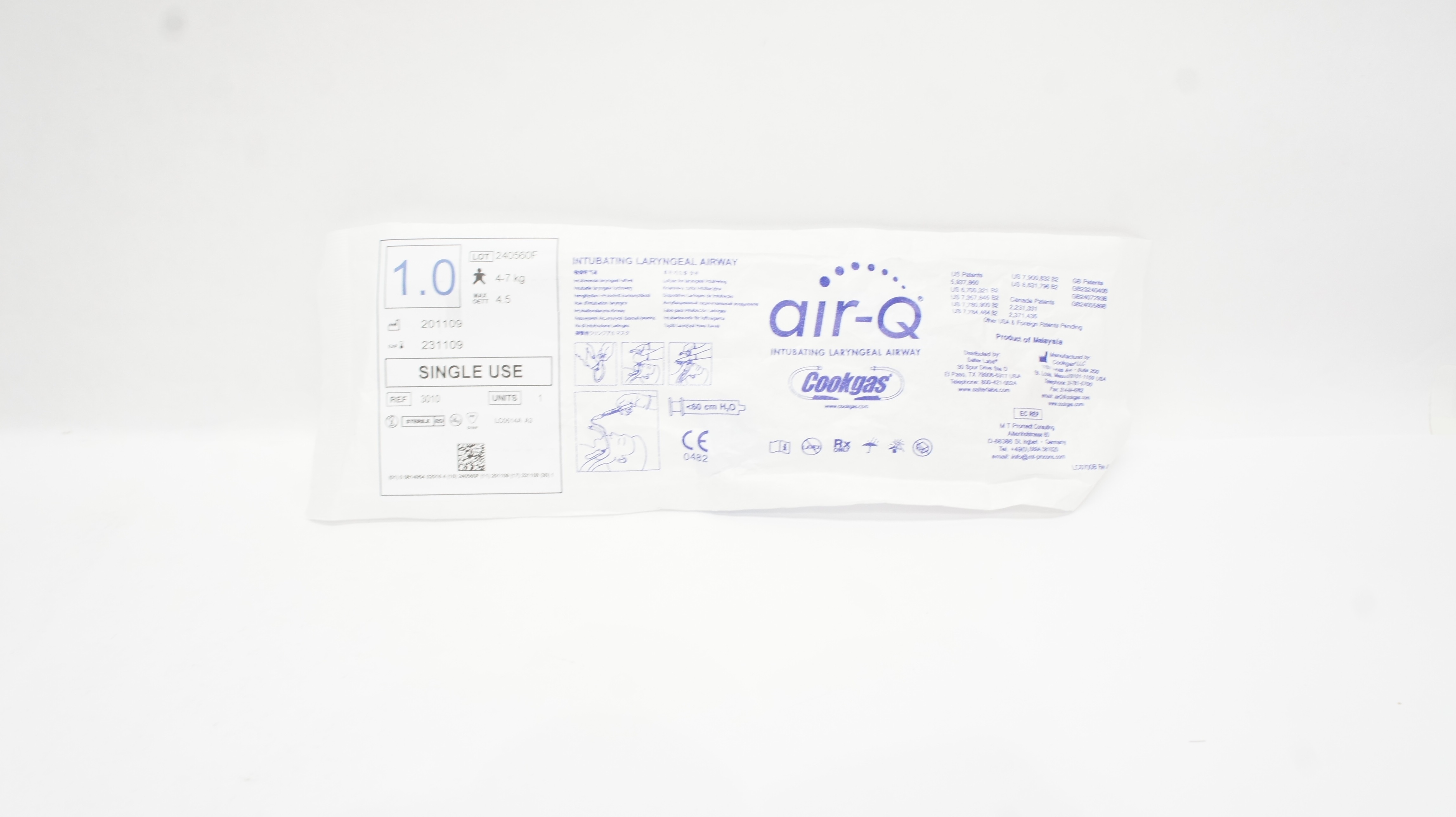 Cookgas 3010 Air-Q Intubating Laryngeal Airway Size 1.0 4-7kg, <60cm H2O (x)