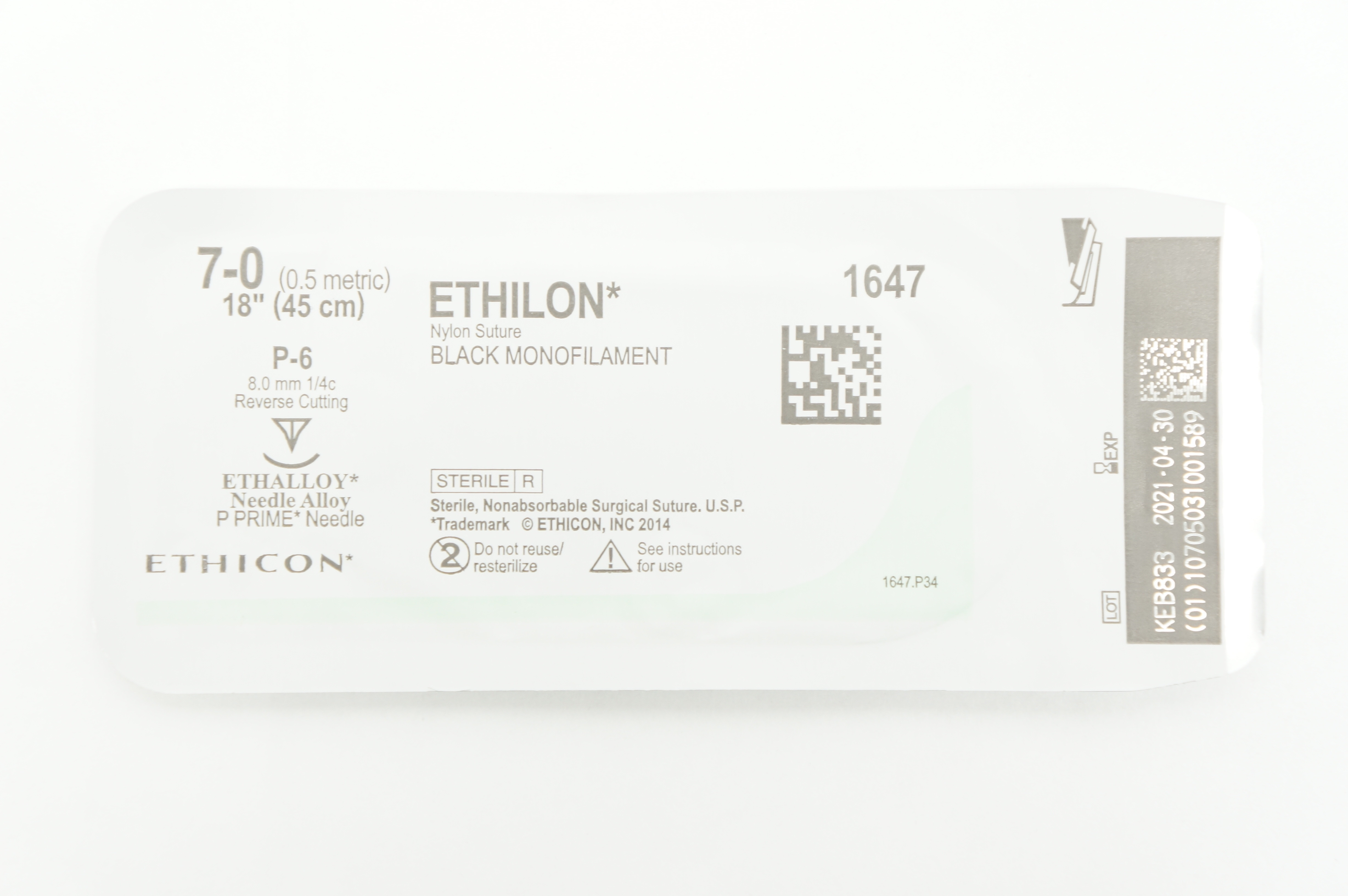 Ethicon 1647 7-0 Ethilon Stre P-6 8.0mm 1/4c Reverse Cutting 18inch