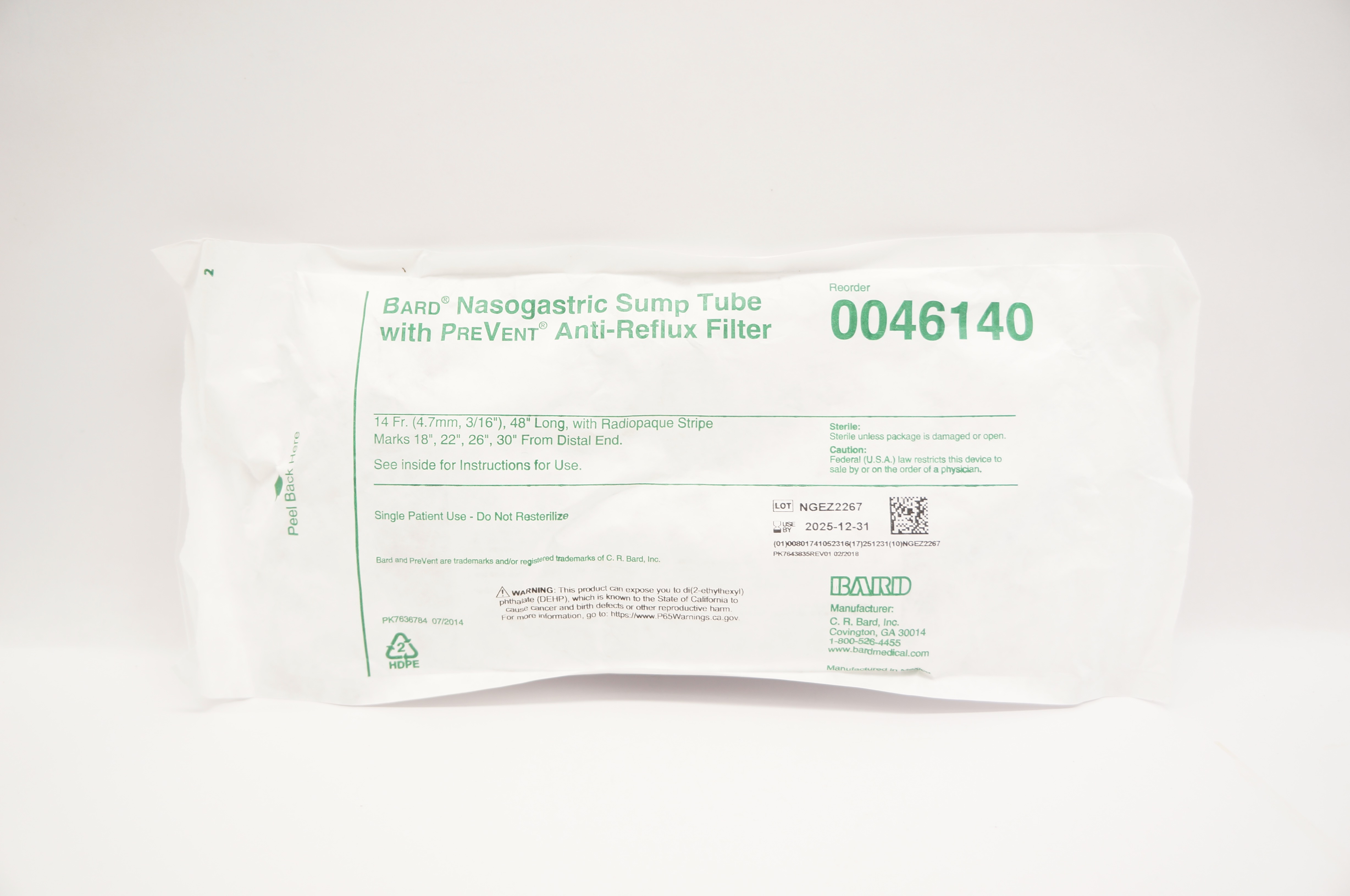 Bard 0046140 Nasogastric Sump Tube with PreVent Anti-Reflux Filter 14Fr x 48inch