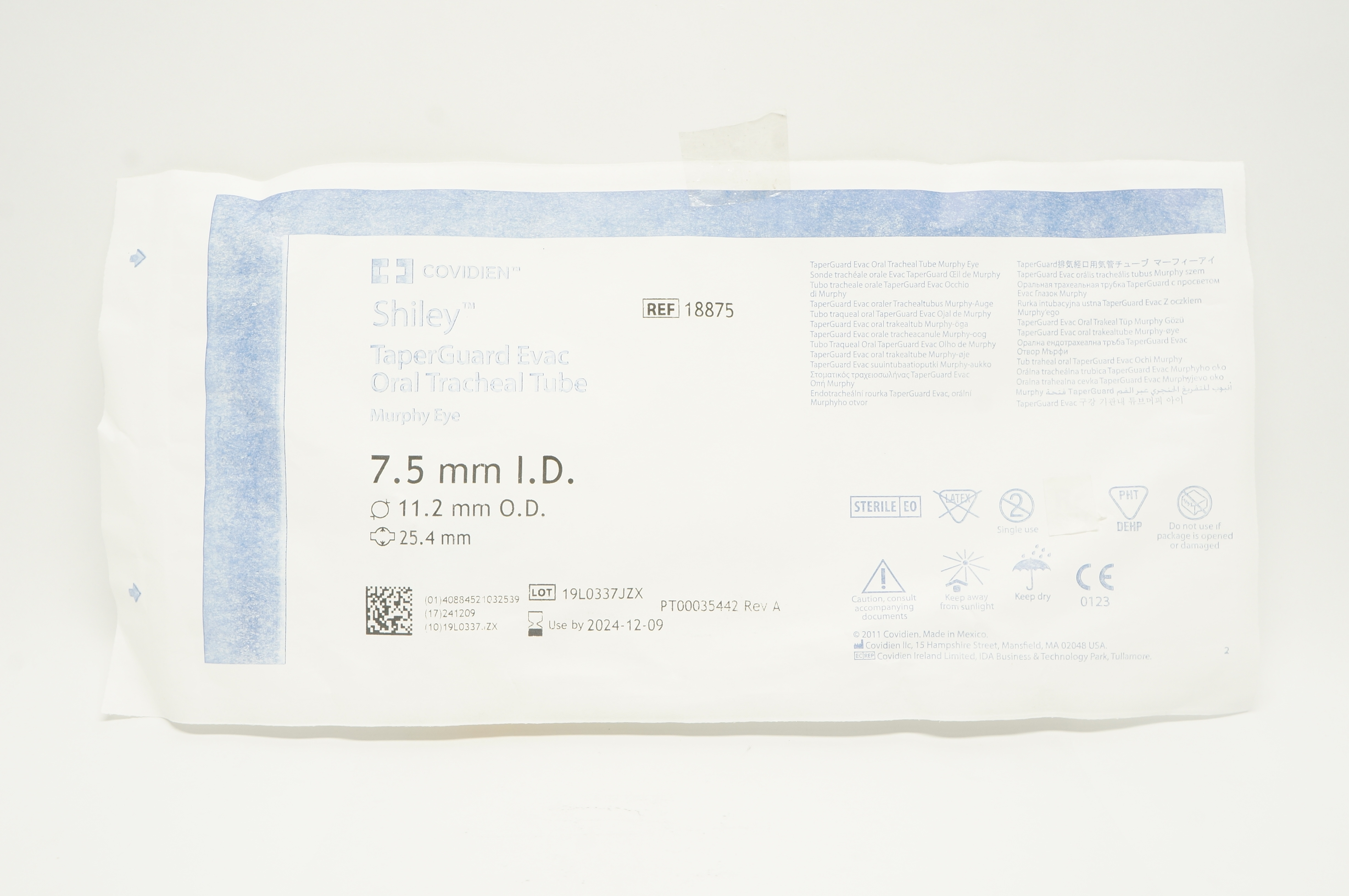 Covidien 18875 Shiley TaperGuard Evac Oral Tracheal Tube 7.5mm ID, 11.2mm OD