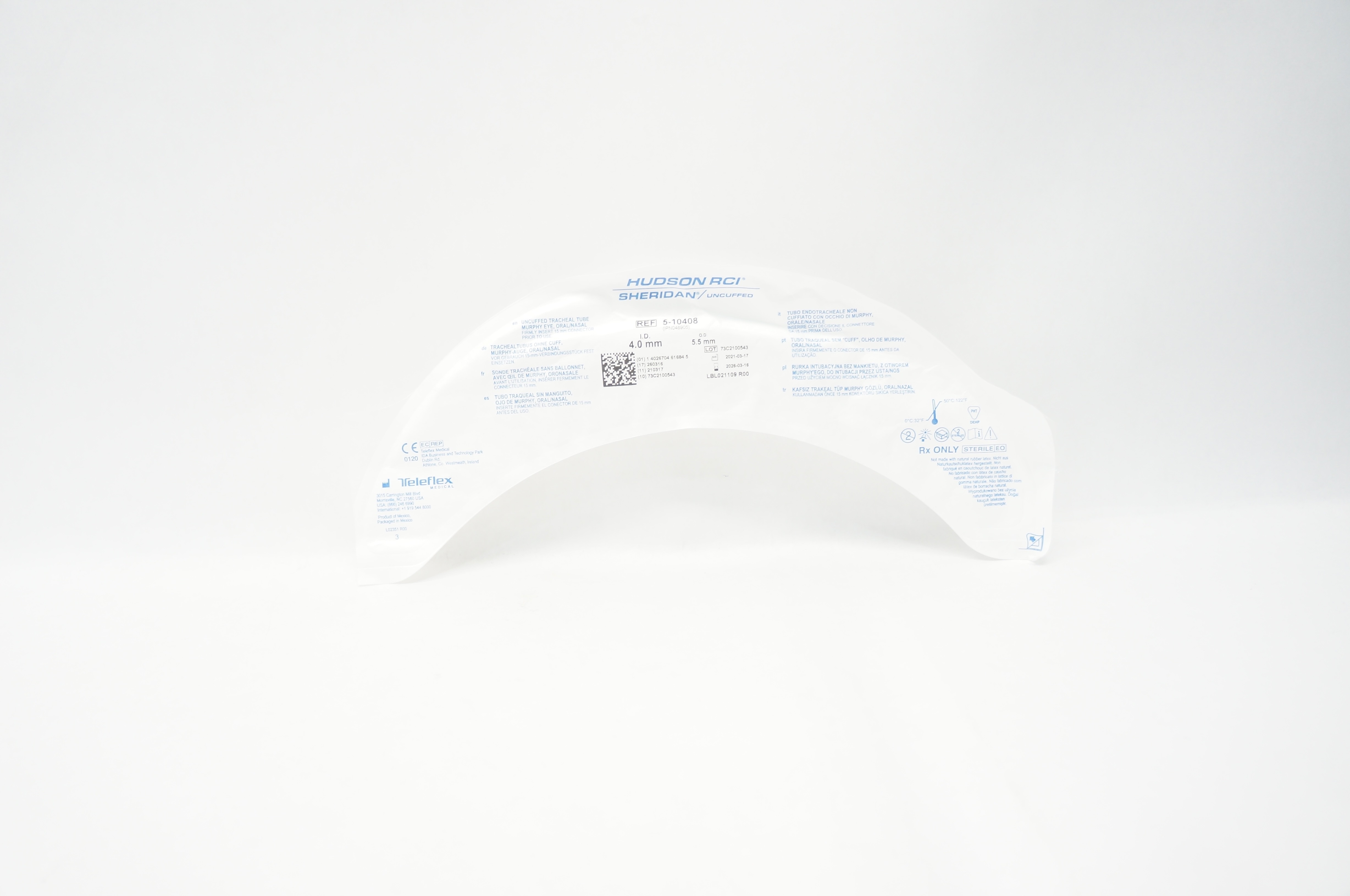 Teleflex 5-10408 Hudson RCI Sheridan Uncuffed Tracheal Tube 4.0mm ID x 5.5mm OD