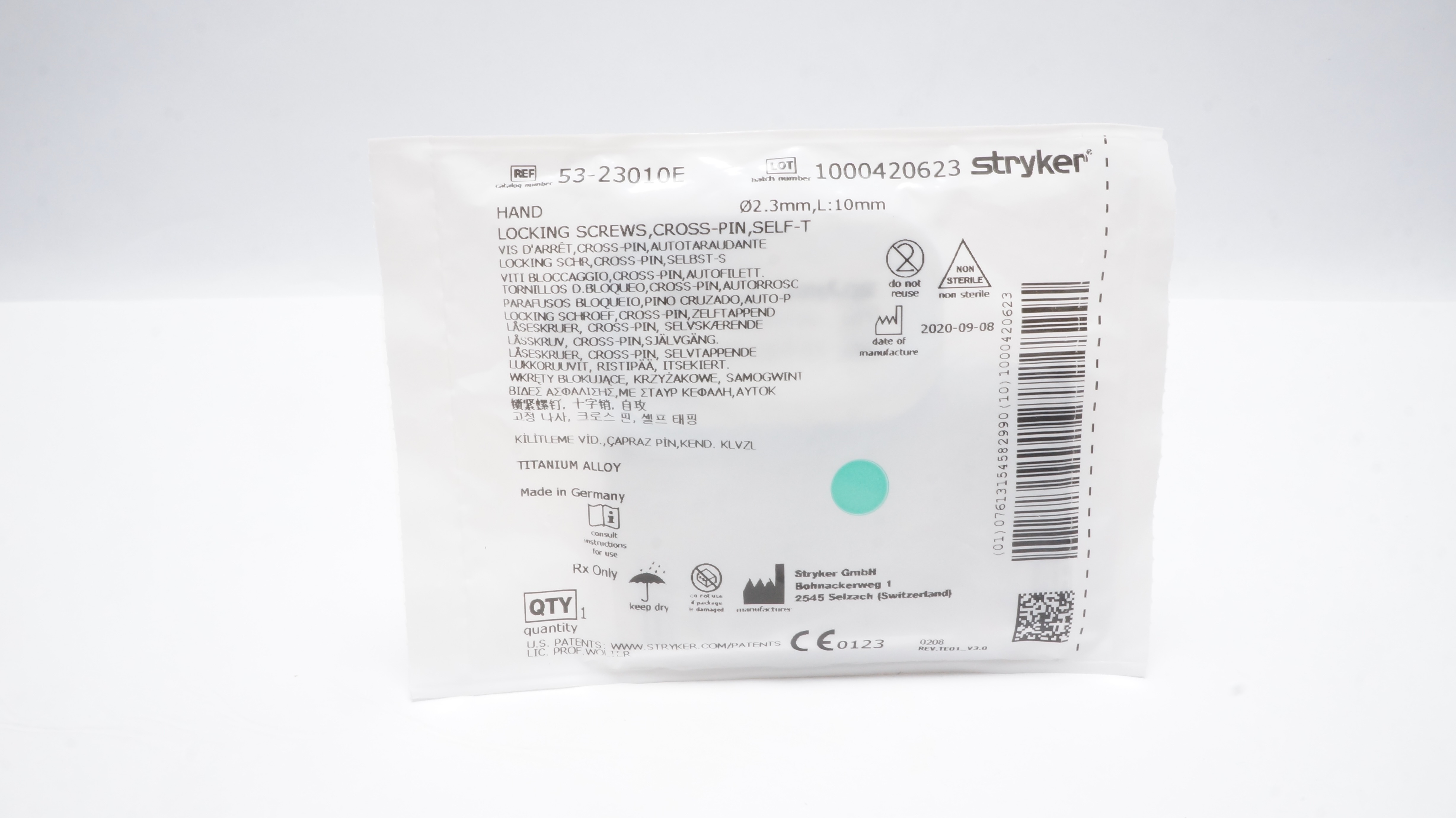 Stryker 53-23010E HAND LOCKING SCREW, CROSS-PIN, SELF-T, Diameter 2.3mm, L:10mm