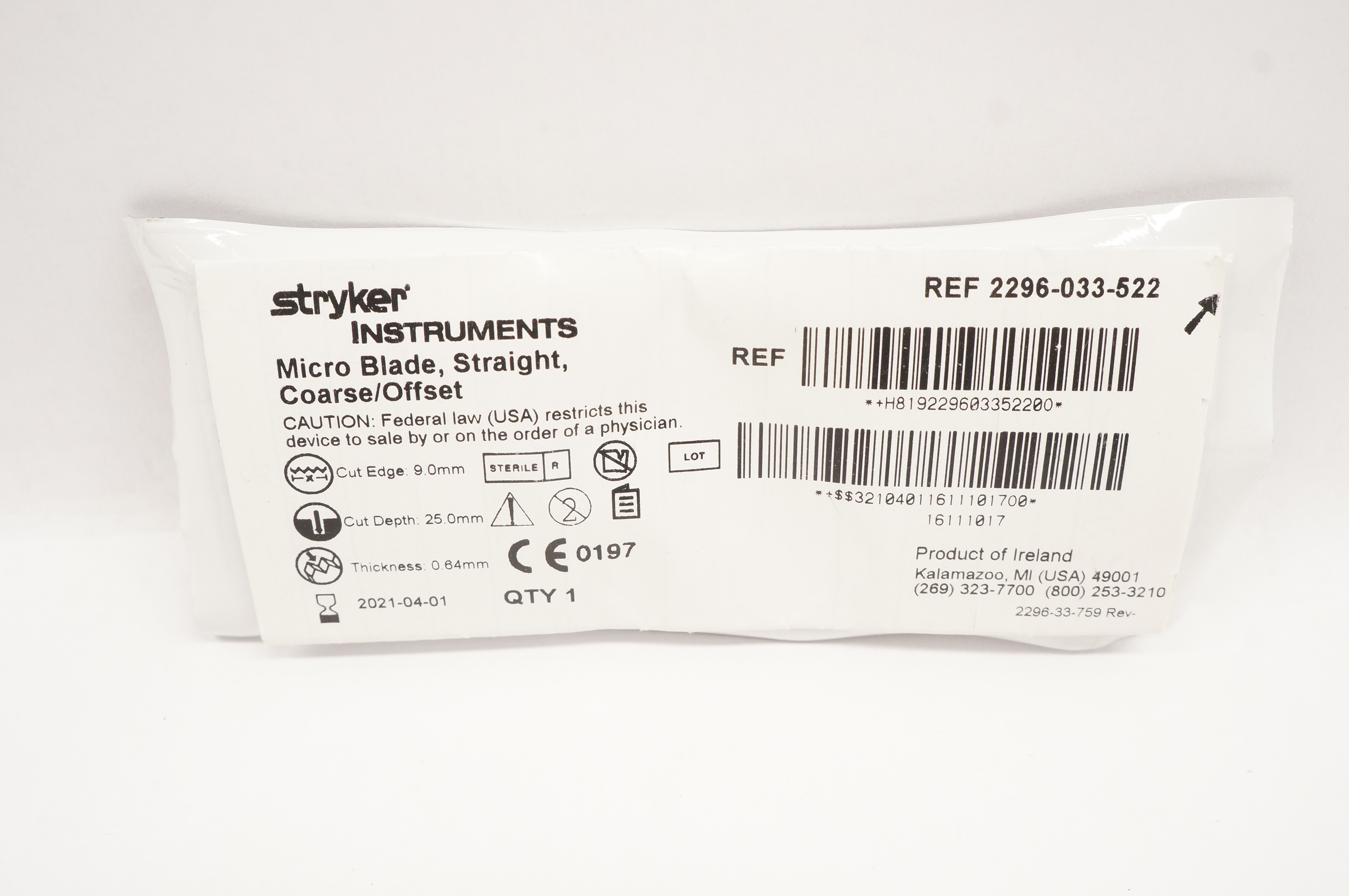Stryker 2296-033-522 Micro Blade Straight Coarse / Offset 9 x 25 x 0.64mm (x)