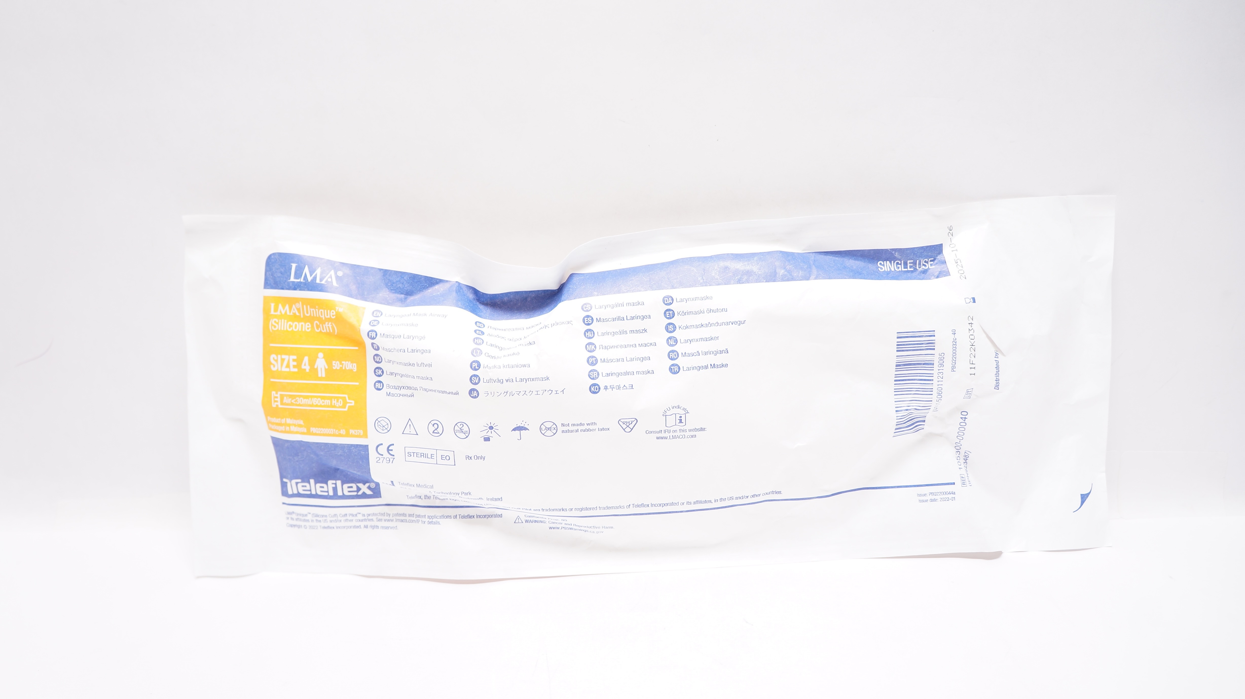 Teleflex 105300-000040 Laryngeal Mask Airway, Size 4 50-70kg <30mL/60cm H2O