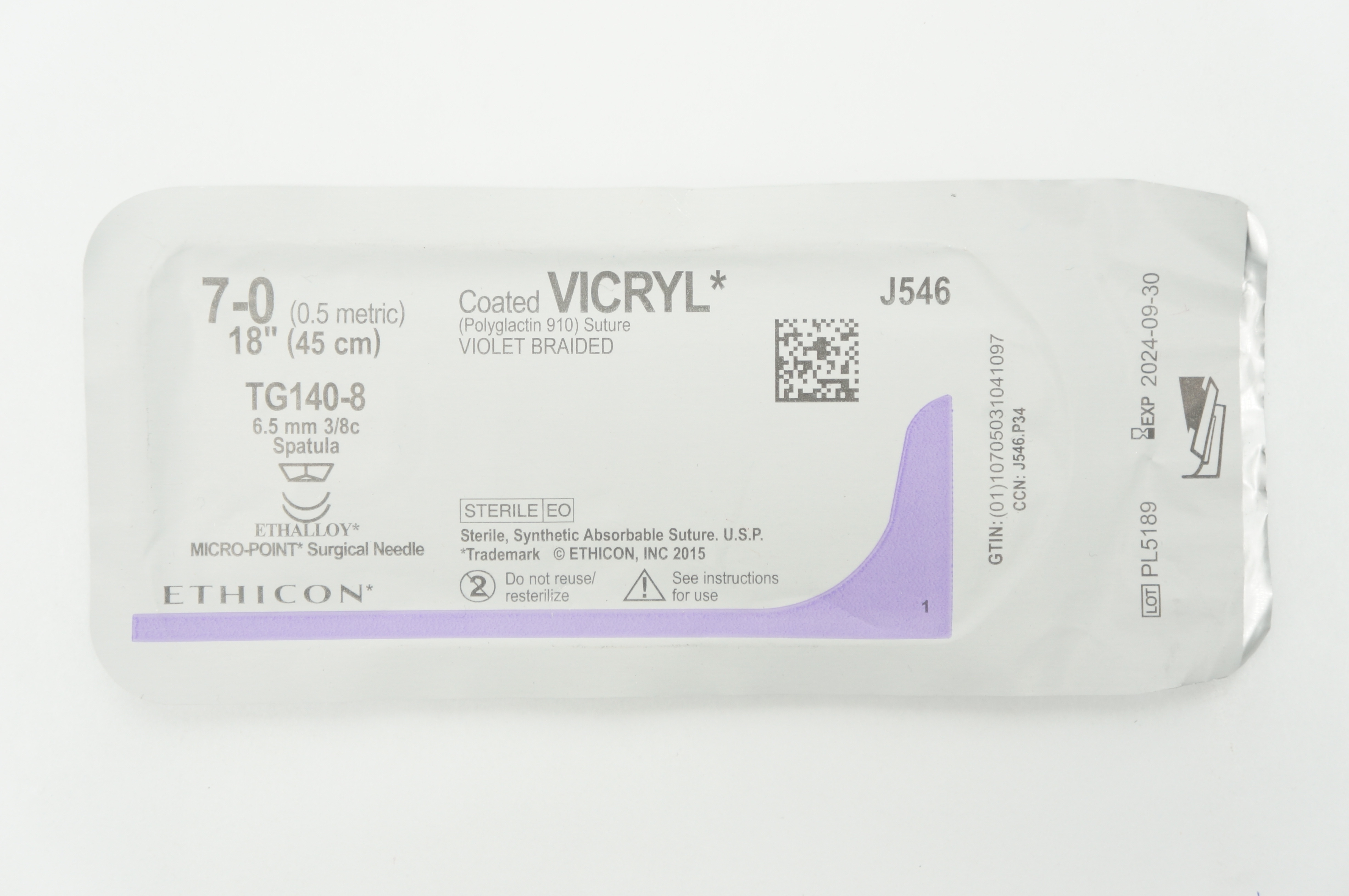 Ethicon J546 7-0 VICRYL TG140-8 6.5mm 3/8c Spatula 18inch (x)