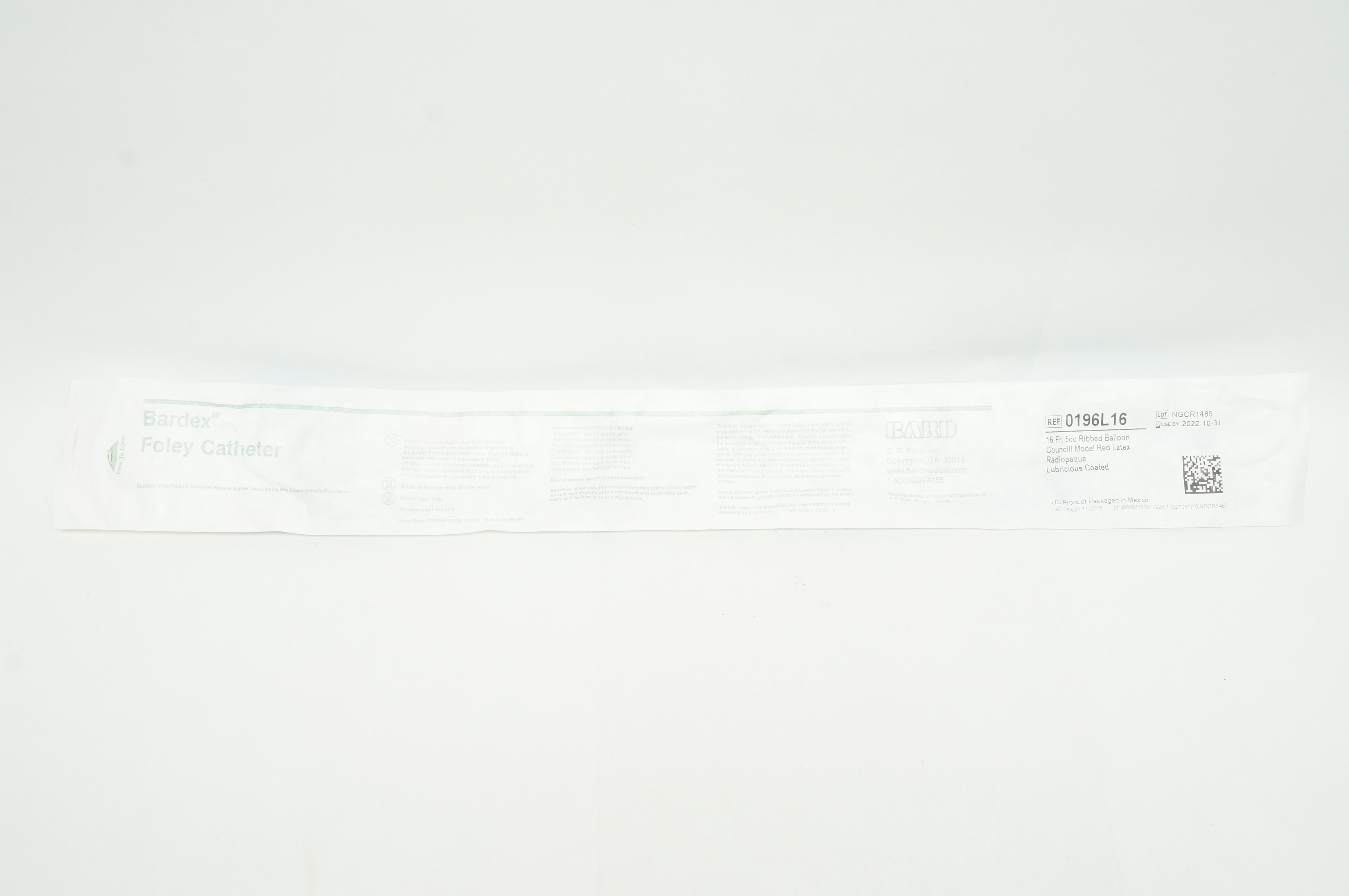 Bard 0196L16 Foley Cath Ribbed Balloon 16Fr 5cc