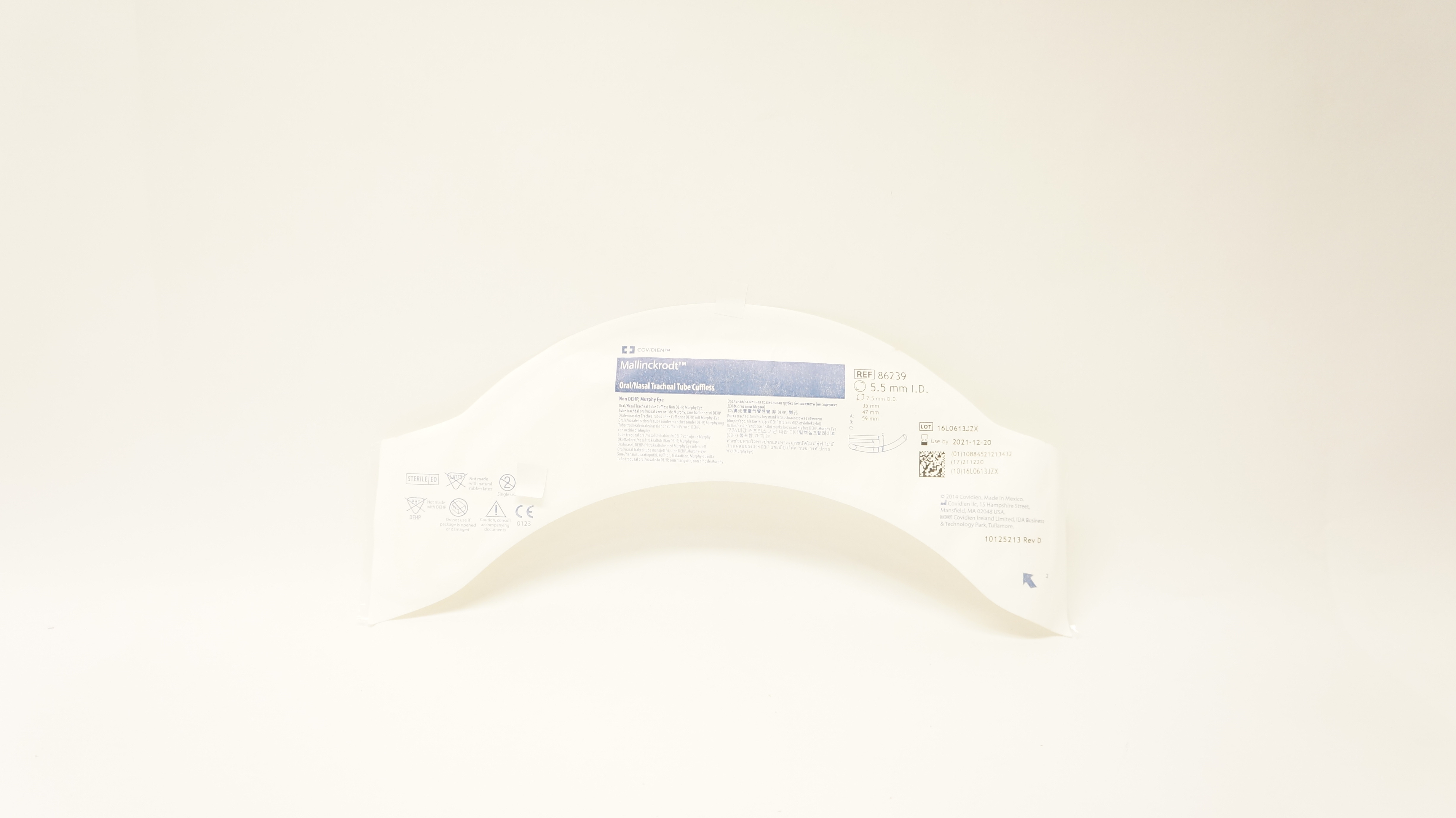 Covidien 86239 Shiley Oral/Nasal Tracheal Tube Cuffless 5.5mm ID