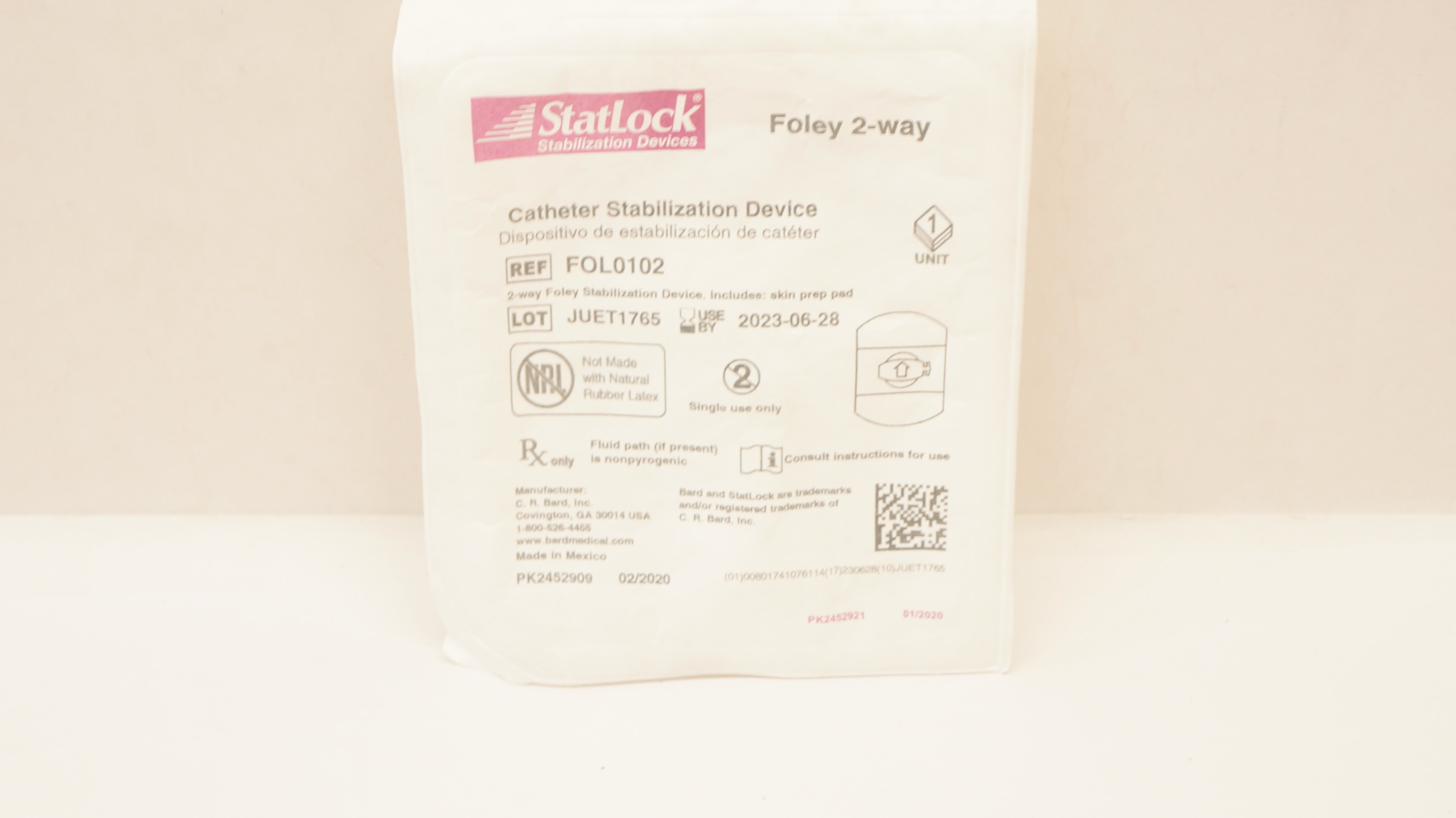 Bard FOL0102 Statlock Cath. Stabilization Device Foley 2-way (x)