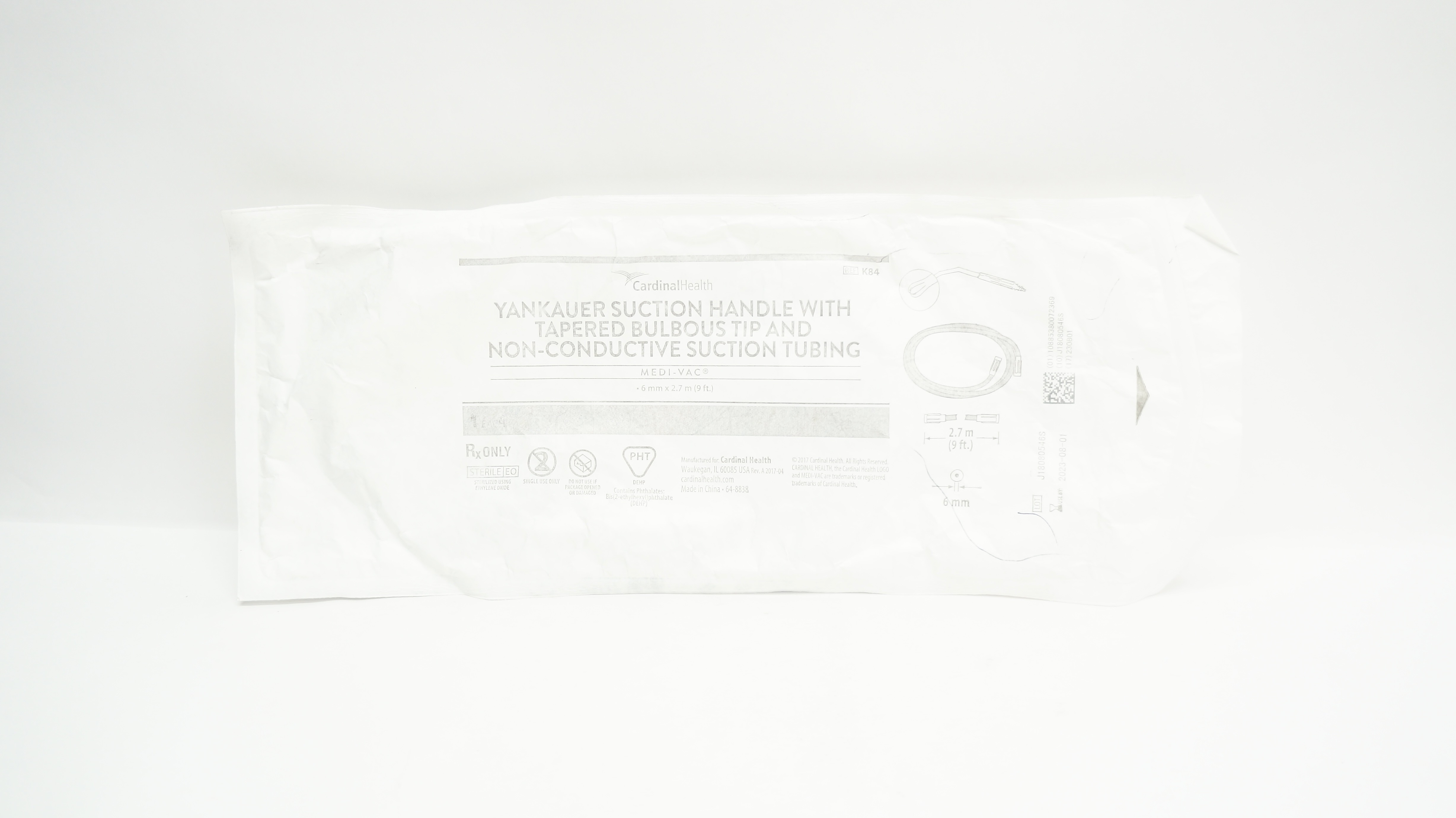 Cardinal Health K84 Yankauer Suction Handle w/Tapered Bulbous Tip 6mm x 9ft. (x)