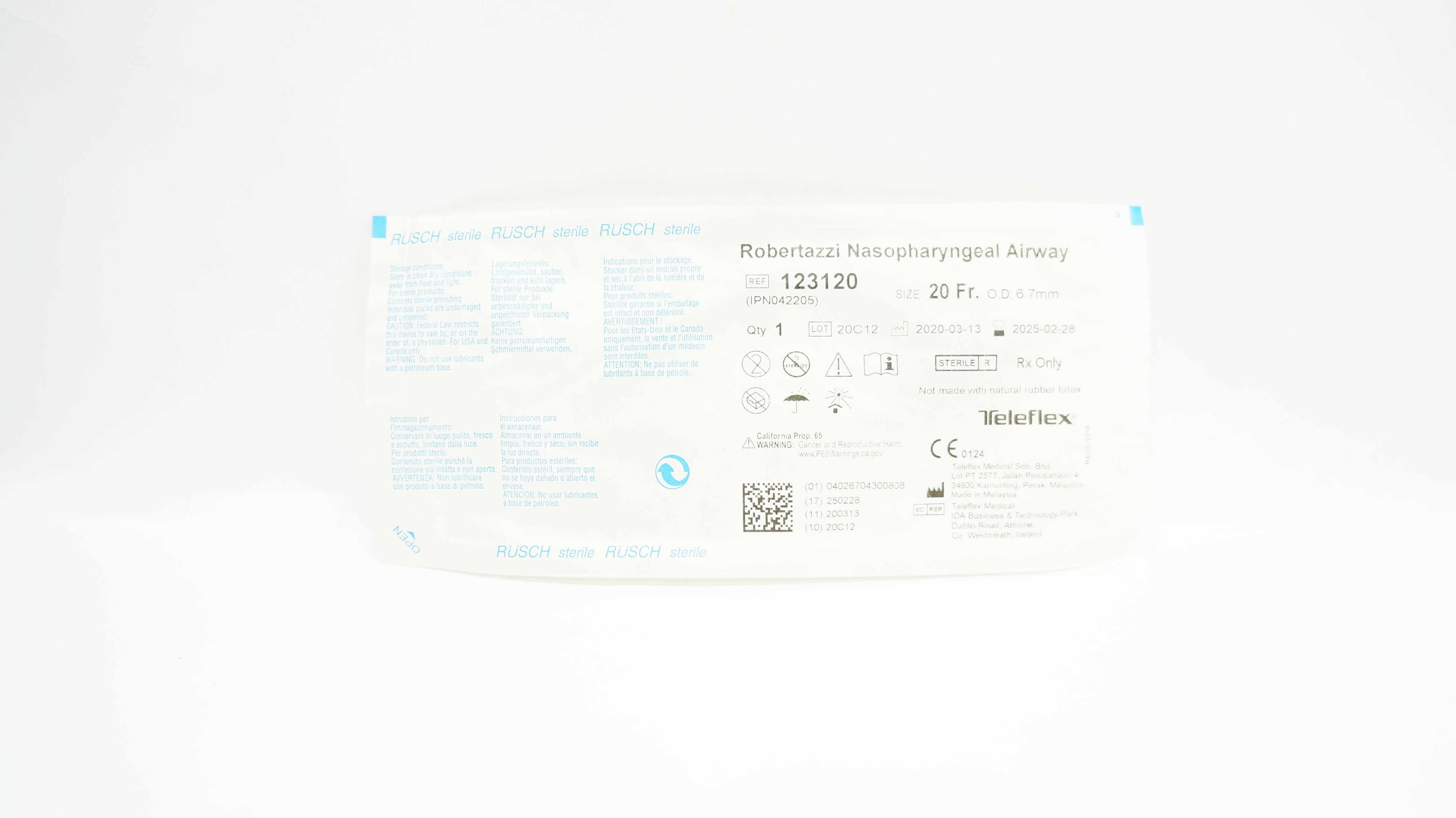 Teleflex 123120 Robertazzi Nasopharyngeal Airway 20Fr, OD 6.7mm