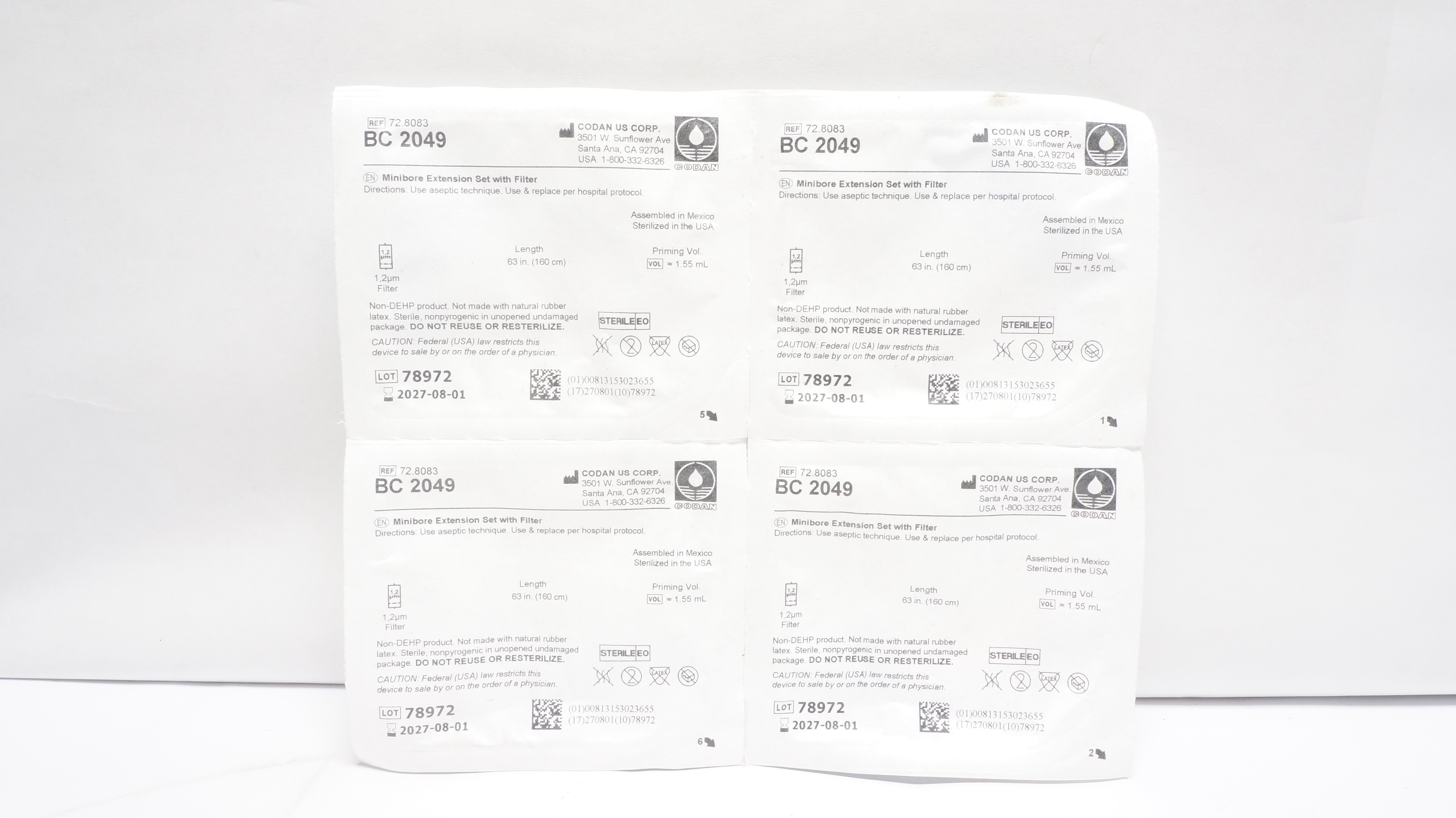 Codan BC2049 Minibore Extension Set with Filter 1.2µm, 62 inch x 1.55mL-Lot of 4