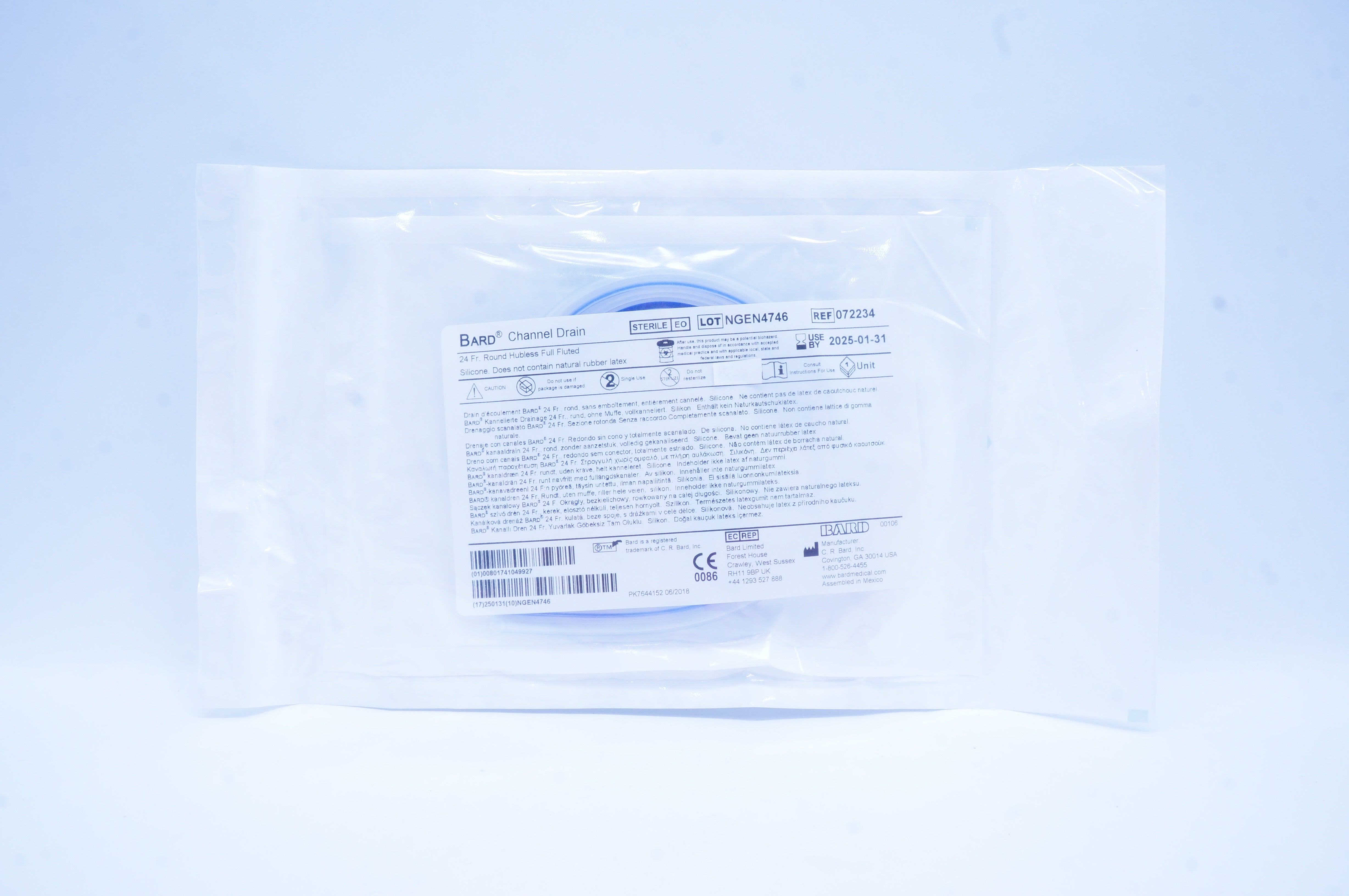 Bard 072234 Channel Drain 24 Fr. Round Hubless Full Fluted Silicone