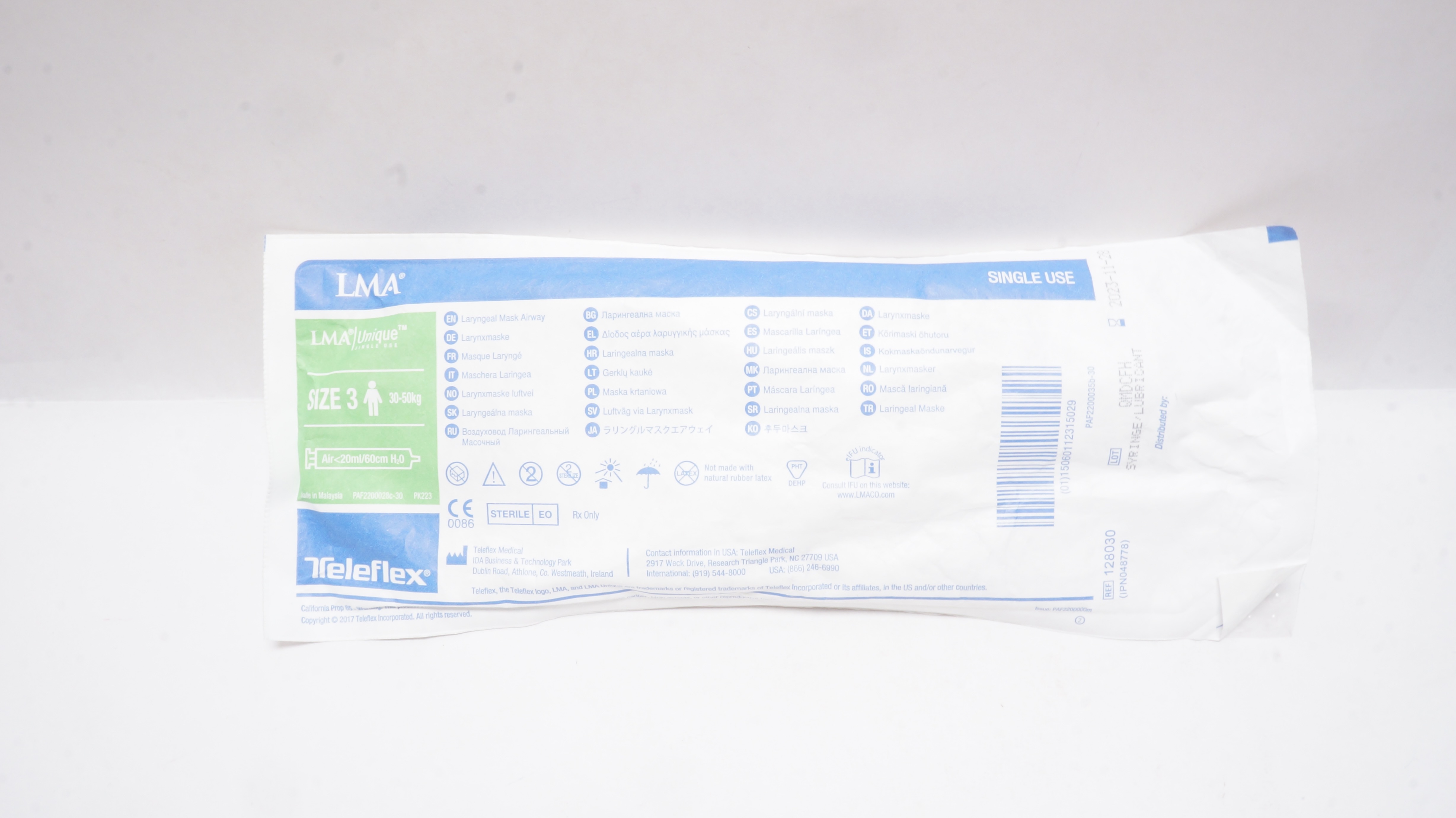 Teleflex 128030 LMA Unique Laryngeal Mask Airway Size 3, 30-50kg, <20ml/60cm H2O