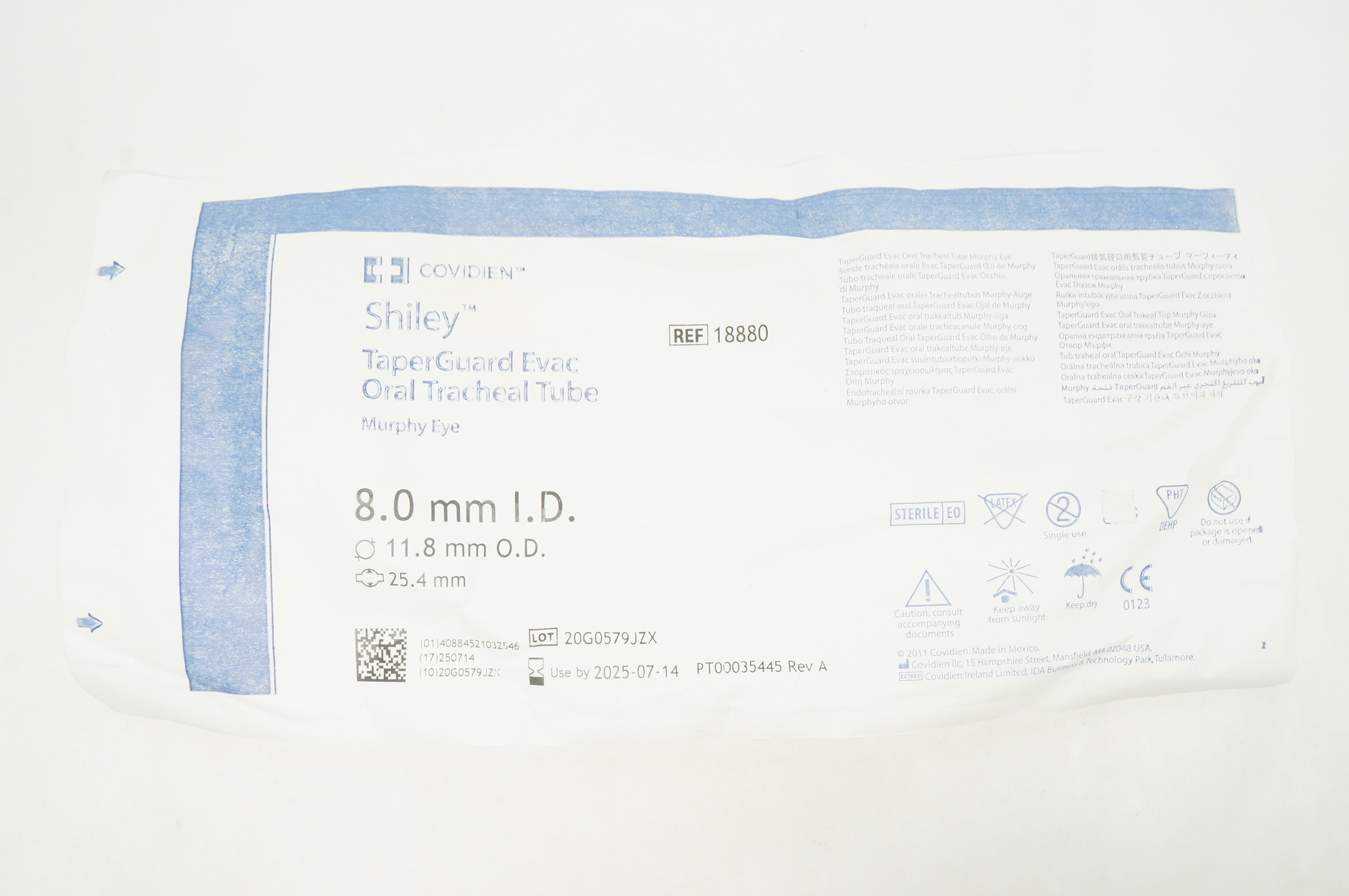 Covidien 18880 Shiley TaperGuard Evac Oral Tracheal Tube 8.0mm ID, 11.8mm OD