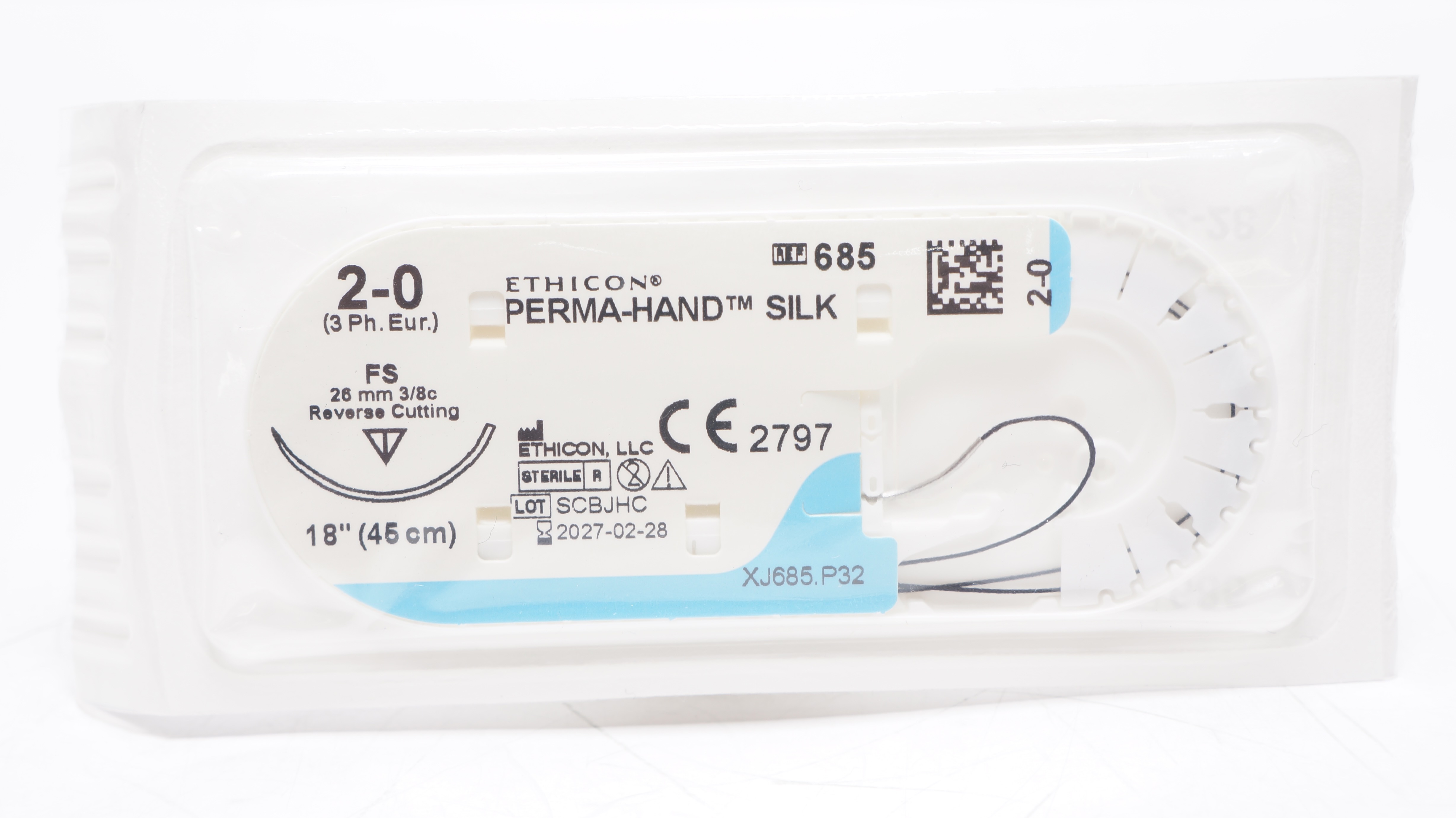 Ethicon 685 2-0 Perma-Hand Silk Stre FS, 26mm 3/8c Reverse Cutting, 18inch
