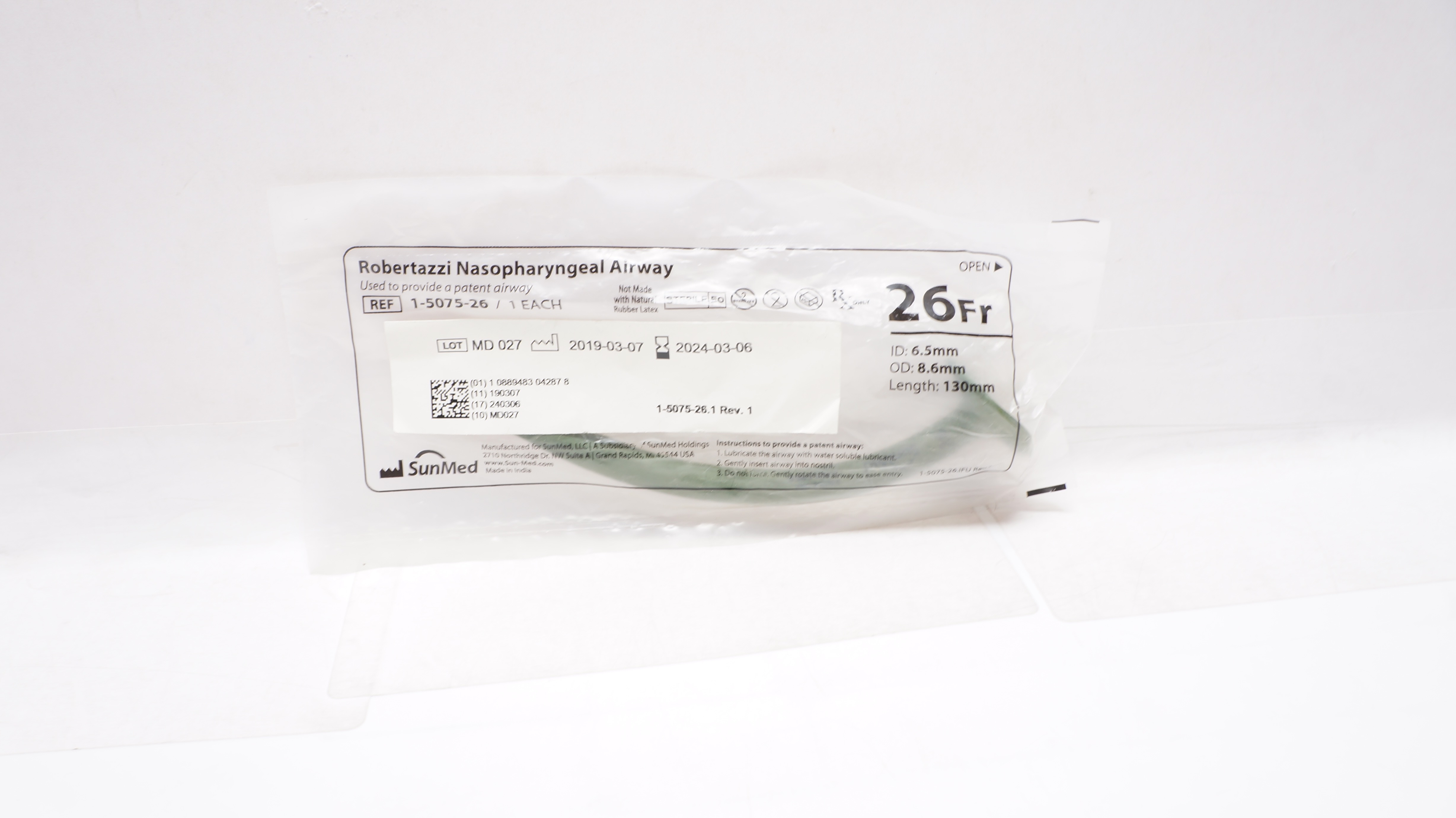 SunMed 1-5075-26 Robertazzi Nasopharyngeal Airway 26Fr. 6.5ID x 8.6OD x 130mm