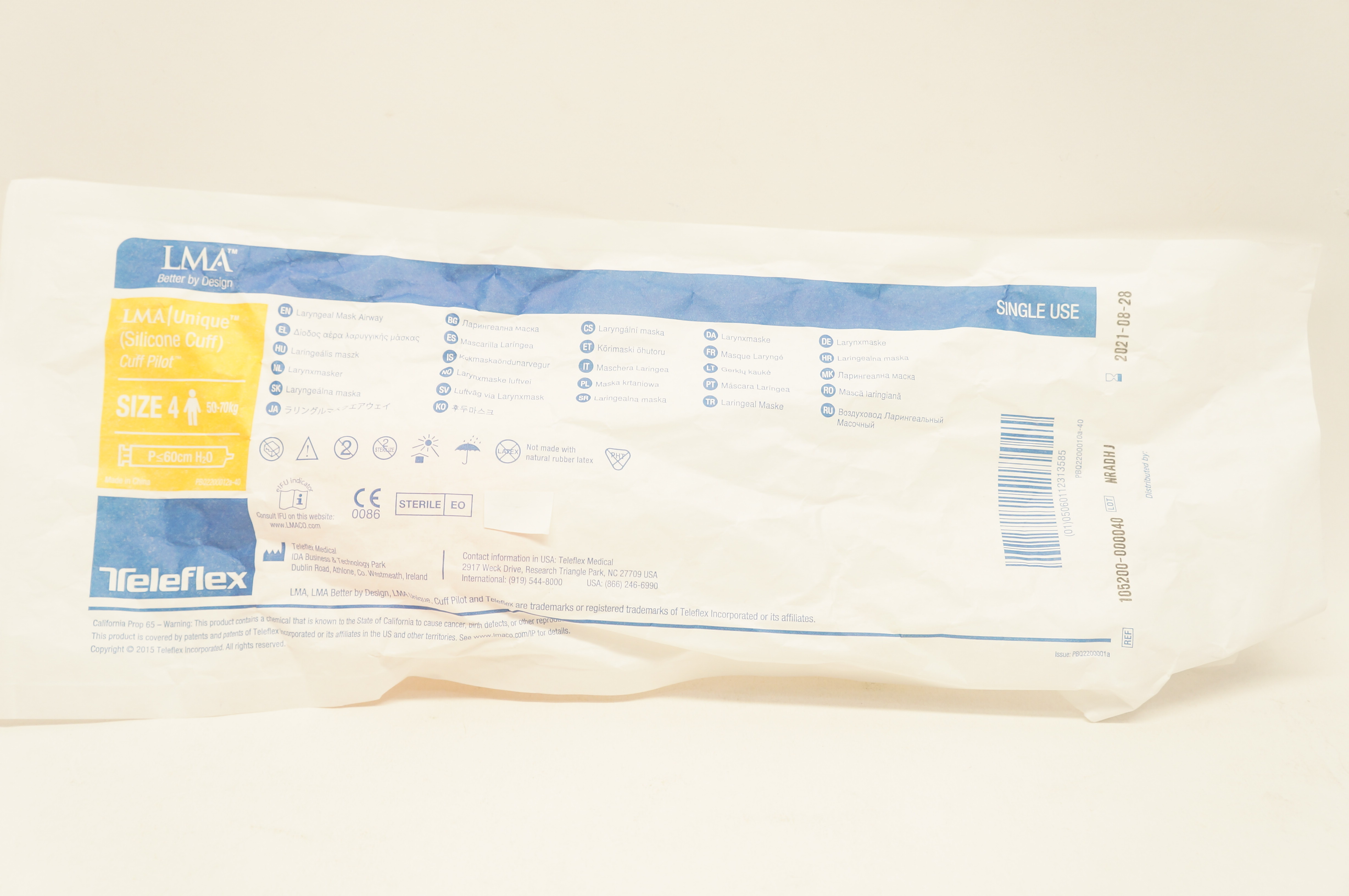 Teleflex 105200-000040 LMA Unique Cuff Pilot Laryngeal Mask Size 4 50-70kg (x)